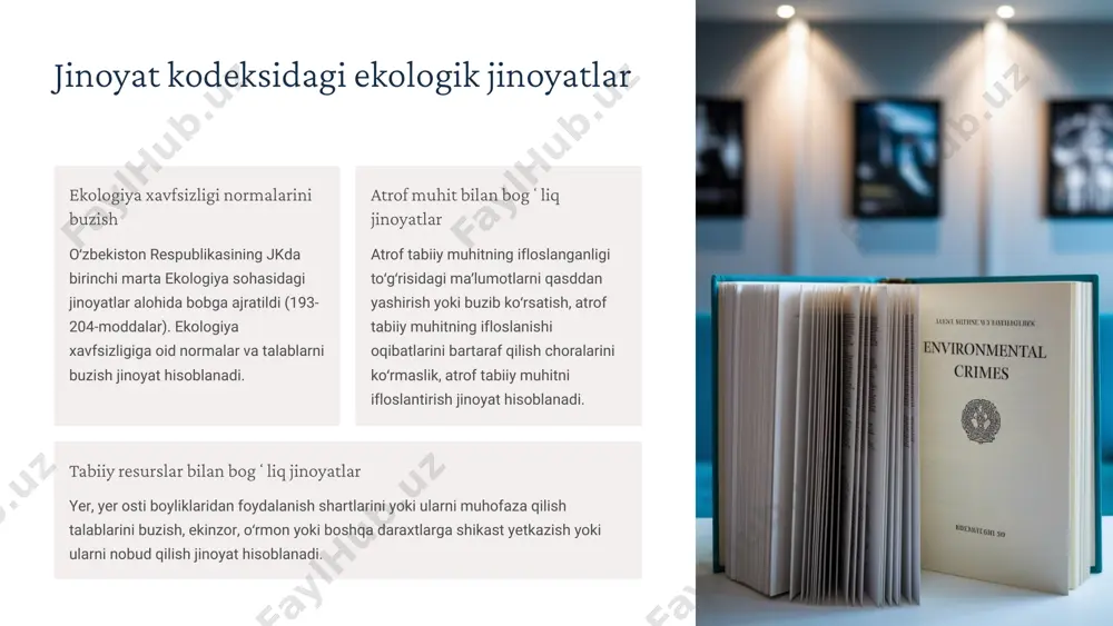 al qilish zarurligini koʻrsatadi. ekologik jinoyatlar boʻyicha sud amaliyoti aybdorlarni aniqlash ekologiya sohasidagi jinoyat va maʼmuriy ishlarni koʻrishda bevosita jinoyatni va boshqa huquqbuzarlikni sodir qilgan shaxslar bilan chegaralanib qolmasdan, tabiatni muhofaza qilish toʻgʻrisidagi qonunlarni buzganlikda aybdor boʻlgan barcha shaxslar doirasini sinchiklab aniqlash shart. mansabdor shaxslar javobgarligi oʻzlarining harakatsizliklari yoki qonunga xilof harakatlari bilan tabiatga ziyon yetkazgan korxona va tashkilot rahbarlarining aybdorlik darajasini aniqlash va ularni qonunda belgilangan javobgarlikka tortish masalasini hal qilish zarur. nazorat organlari javobgarligi ekologiya nazorati organlarining tabiatni muhofaza qilish toʻgʻrisidagi qonunlarni buzilishiga olib kelgan harakatsizliklari sabablari ham aniqlanishi kerak. asoslar mavjud boʻlganda bunday organlarning mansabdor shaxslari javobgarlikka tortilmogʻi lozim. ekologik ekspertiza ahamiyati maxsus bilimlar zaruriyati maxsus bilimlarni talab qiluvchi masalalarni toʻgʻri hal qilish maqsadida sudlar tegishli ekspertizalarni gidrometeorologlar, sanitariya-epidemiya xizmati xodimlari, zoologlar, ixtiolloglar, botaniklar, ovshunos, oʻrmonshunos, tuproqshunos va boshqa mutaxassislarni jalb qilgan holda tayinlashlari kerak. qonuniy asos ekologiya ekspertizasi atrof tabiiy muhitni muhofaza qilishning majburiy chorasi hisoblanadi …