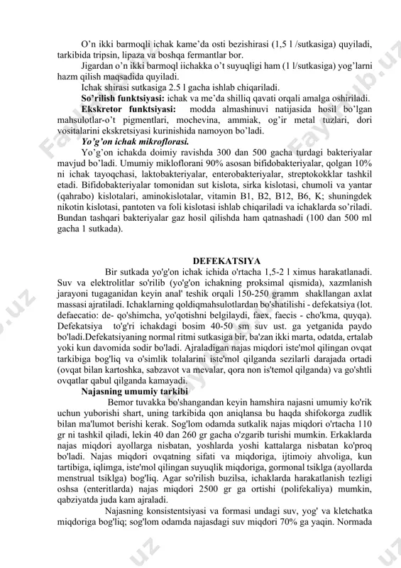 bo’lishi me’dada 2-4 soat, ba’zan ovqat harakteridan kelib chiqqan holda undan ham ko’proq vaqt talab etilishi mumkin. me’da mushaklari qisqarib ovqatni me’da shirasi bilan aralashtiradi. duodenal sfinkter vaqti-vaqti bilan bo’shashi boziq modda kam-kam miqdorda o’n ikki barmoqli ichakka o’tadi va hazm jarayoni bilan bir vaqtda ichaklar bo’ylab harakat davom etadi.harakatlanish jarayoniing ichkaichakda 3-4 soat, yo’g’onichakda 17-24 soatdan iboratdir. sekretor funktsiyasi: bez hujayralarining hazm shirasini ishlab chiqarishdan iboratdir. bularga so’lak, me’da shirasi, me’da osti bezishirasi, ichak shirasi, o’t suyuqligi kiradi. me’da shirasini asosiy tarkibiy qismi bo’lib xlorid kislota va pepsin hisoblanadi. o’n ikki barmoqli ichak kame’da osti bezishirasi (1,5 l /sutkasiga) quyiladi, tarkibida tripsin, lipaza va boshqa fermantlar bor. jigardan o’n ikki barmoql iichakka o’t suyuqligi ham (1 l/sutkasiga) yog’larni hazm qilish maqsadida quyiladi. ichak shirasi sutkasiga 2.5 l gacha ishlab chiqariladi. so’rilish funktsiyasi: ichak va me’da shilliq qavati orqali amalga oshiriladi. ekskretor funktsiyasi: modda almashinuvi natijasida hosil bo’lgan mahsulotlar-o’t pigmentlari, …