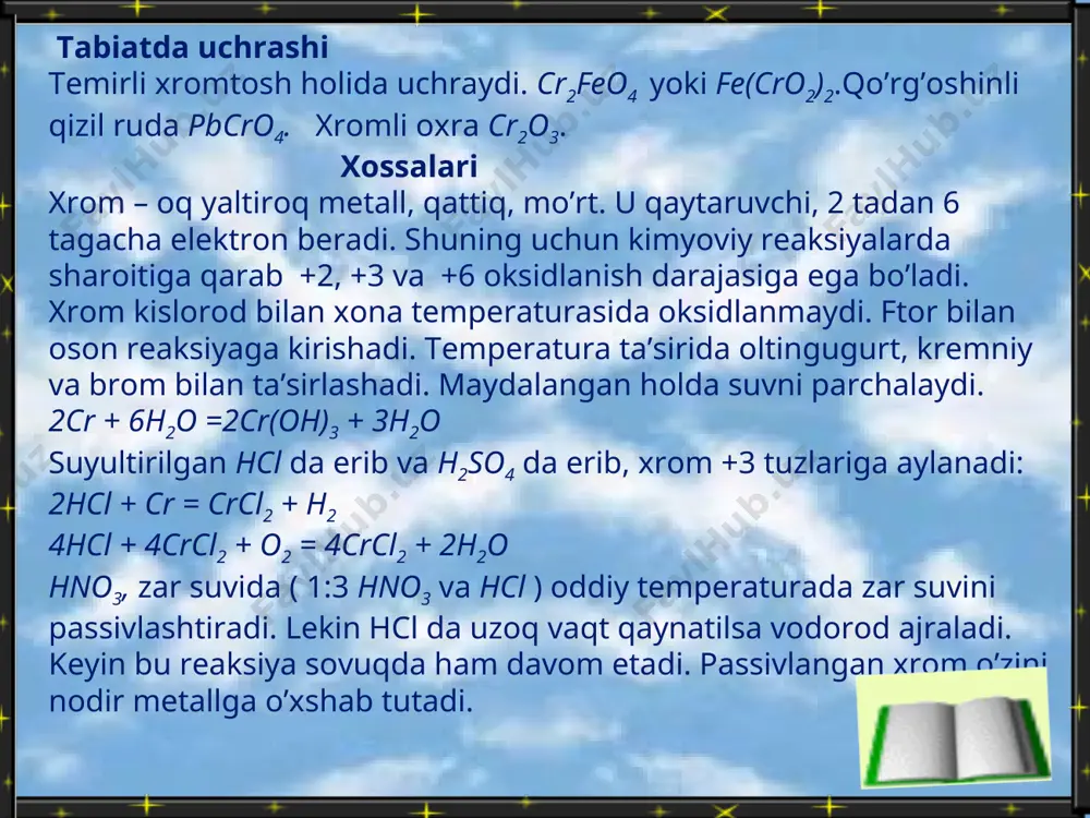 ’tadi: cr2o3 + nano2 + 4naoh = 2na2cro4 + 2nano3 + 2h2o agar natriy xromatga kislota qo’shilsa, muvozanat chapgs suriladi. agar ishqor qo’shilsa, muvozanat o’ngga suriladi. 2na2cro4 + h2so4 = na2cr2o7 + h2o + na2so4 na2cr2o7 + 2naoh =2na2cro4 + h2o xromat kislota tuzlari juda kuchli oksidlovchilar. 3h2s + k2cr2o7 + 4h2so4 = s + cr2 (so4)3 + 7h2o + k2 so4 xromatlar xromning (iii) valentli tuzlarini ishqoriy sharoitda oksidlab oson olinadi: 2crcl3 + 3h2o2 + 10koh = 2k2cro4 + 6kcl + 8h2o bixromatlar olish uchun xrom (iii) valentli tuzlarini kislotali muhitda kuchli olsidlovchilar kclo3, kmno4, nabio3 . 2cr(no3)3 + 3nabio3 + 6hno3 = h2cr2o7 + 3nano3 + 3bi(no3)3 + 2h2o xromning periks tipidagi birikmalari ma’lum. ular nad kislotalar deyiladi. 4cro3 + 2h2o2 + h2so4 = h2cr2o8 + cr2(so4)3 + 4h2o + 2o2 xromning birikmalaridan cro2cl2 qizil qo’ng’ir rangli suyuqlik. cro2cl2 + h2o = h2cro4 + 2hcl e’tiboringiz uchun raxmat …