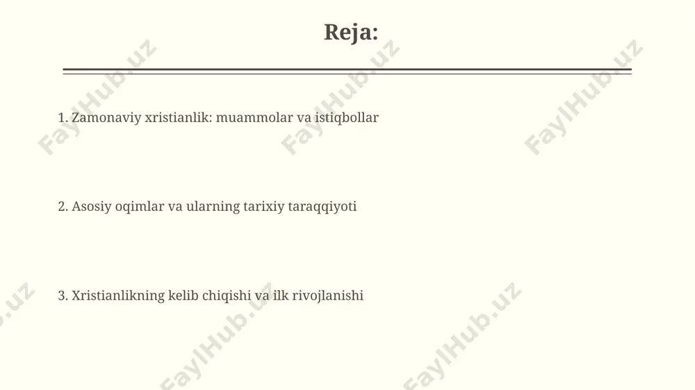 ar kuzatildi. ma'rifat davridagi ba'zi xristian ulamolari bibliyaning 66 ta kitobiga tanqidiy nuqtai nazardan qarashni boshladilar va tarixiy-tanqidiy usullarni qo'llash orqali matnlarning kelib chiqishi va muallifligini tahlil qildilar. xristianlik va globalizatsiya globalizatsiya natijasida ba'zi mintaqalarda xristianlikning ta'siri susaygan bo'lsa-da, osiyo va afrikada o'sish kuzatildi, bu esa global xristianlikning demografik markazini o'zgartirdi. globalizatsiya ta'sirida xristianlik 20-asr oxirida va 21-asr boshlarida global ommaviy axborot vositalari orqali o'z ta'sirini kengaytirdi, yangi missionerlik imkoniyatlari yaratildi. xristianlikning kelib chiqishi va ilk rivojlanishi xulosa ilk cherkov otalari, masalan, avgustin va ireniy, xristianlik ta'limotini shakllantirishda katta hissa qo'shdilar. ular bibliya talqinini va xristian falsafasining asoslarini ishlab chiqishdi. reformatsiya va uning oqibatlari 1517 yilda martin lyuterning 95 tezisi reformatsiya uchun katalizator bo'lib, indulgensiyalarga qarshi chiqib, katolik cherkovida yangi, protestant oqimlarining paydo bo'lishiga olib keldi. reformatsiya yevropaning diniy va siyosiy xaritasini tubdan o'zgartirdi. u 30 yillik urush (1618-1648) kabi diniy urushlarga sabab bo'ldi va vestfaliya tinchligiga olib keldi. kontrreformatsiya …