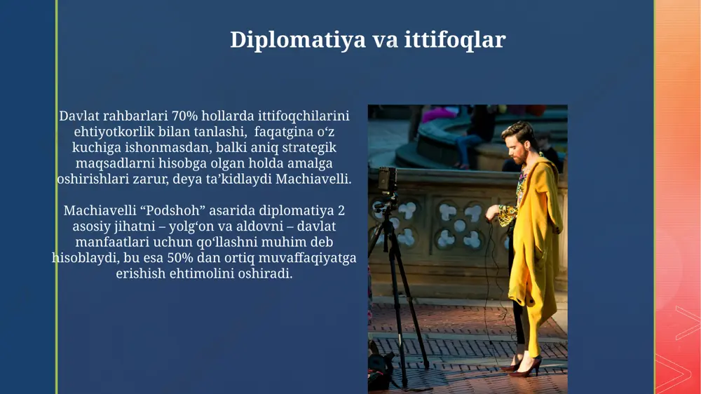 lingan edi, bu esa doimiy siyosiy beqarorlik va urushlarni keltirib chiqargan. "podshoh"ning yozilishi davrida, uyg'onish davrining gumanistik g'oyalari bilan birga, klassik siyosiy nazariyalar ham katta ta'sir ko'rsatgan. asarning dolzarbligi va tanqidlari "podshoh" asarining ta'siri 1500-1700 yillardagi evropa siyosatiga kuchli ta'sir ko'rsatganligi tarixchilari tomonidan ko'plab dalillar bilan isbotlangan, bu esa uning dolzarbligini yanada oshiradi. asardagi "maqsad uchun har qanday vosita mumkin" degan fikri 21-asrda ham keng munozaralarga sabab bo'lmoqda, ayniqsa inson huquqlari va demokratik qadriyatlar nuqtai nazaridan uning ahamiyati tortishiladi. siyosiy realizm va amaliyot makiavellining «podshoh» asaridagi siyosiy realizm 5 ta asosiy printsipga – kuch, hiyla, maqsadga erishish, shaxsiy manfaat va davlatning ustuvorligiga asoslangan. siyosiy amaliyotdagi 20% muvaffaqiyat – reja va strategiyaning to'g'ri tanlanishi, qolgan 80% esa – bu rejani amalga oshirishdagi tashabbus va mohirlikka bog'liq. e'tiboringiz uchun rahmat @taqdimot_robot image4.jpg image5.jpg image6.jpg image7.jpg image8.jpg image9.jpg image10.jpg image11.jpg image12.jpg image13.jpg image14.jpg image15.jpg image2.png image3.png