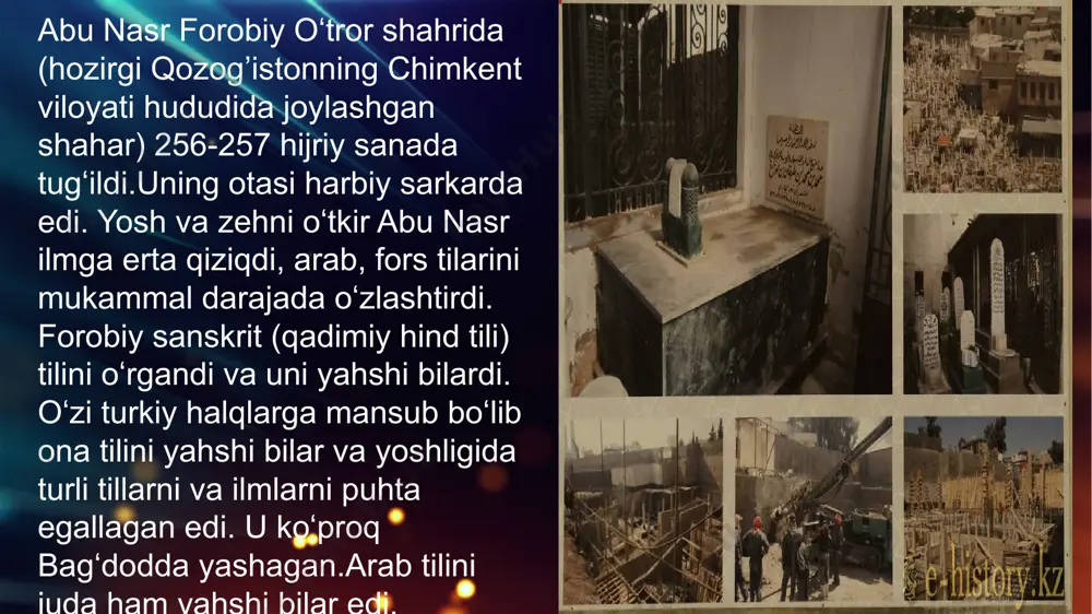 r. bular bir-biri bilan sababiy bogʻlangan. xudo, yaʼni „vujudi vojib“ birinchi boʻlib aqgsh faolni yaratadi. aql esa har bir sayyoraga xos aqlni yaratadi. eng soʻnggi samoviy aql natijasida yerdagi aql-ruh va barcha moddiy jismlar, yaʼni 4 unsur: tuproq, havo, olov, suv paydo boʻladi. 4 unsurdan esa nabotot odami, hayvonot olami, inson zoti va notirik tabiat vujudga keladi. organik olamga oʻsimlik ruhi, hayvoniy ruh va insoniy ruh xosdir. jismlarga harakat xos boʻlib, ular oʻzaro bir-biri bilan bogʻlangan. shunday qilib, farobiyning borliq haqidagi taʼlimoti keyingi davrlarda hurfikrlikning keng quloch yozishida muhim ahamiyatga ega boʻldi. farobiyning gnoseologik qarashlari, yaʼni bilish haqidagi taʼlimoti ijtimoiyfalsafiy fikr rivoji tarixida alohida oʻrinni egallaydi. olimning bu boradagi fikrlari uning „mantiq toʻgʻrisida risolaga muqaddima“, „mantiqqa kirish“, „akl toʻgʻrisida“, „falsafaning maʼnosi va kelib chiqishi“ va boshqa asarlarida taxlil qilib berilgan. mutafakkir inson yer yuzidagi oliy mavjudot ekanligini taʼkidlab, uning qobiliyati, tevarakatrofdagi narsa va hodisalarni idrok qilish kuchiga katta baho beradi. …