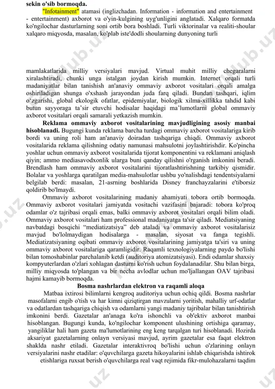 y ravishda ijtimoiy tarmoqlarda bo'lmasdan, pochtani tekshirmasdan yashay olmaydi, haqiqiy dunyo bilan aloqani yo'qotadi, dolzarb muammolardan uzoqlashadi, unutadi, bu ishonchsiz, kompleksli odamlarda va ko'pincha yosh avlod vakillarida uchraydi. shaxsiy muloqotdan qochadigan, virtualni afzal ko'rganlar. · internetning inson hayotidagi o'rni bu holatda o'z ma'nosini yo'qotadigan, kulrang va qiziq bo'lmagan oddiy dunyoning qiymatidan oshib ketadi. virtual haqiqatda inson o'z imidjini, qiyofasini yaratishi, xohlaganicha boshqacha bo'lishi mumkin va bu ichki muvozanatga olib keladi. xayollarni yaratishdan ko'ra, haqiqiy hayotni o'zgartirish va o'z- o'zini rivojlantirish bilan shug'ullanish yaxshiroqdir. · tibbiy muammolar - internetdan tez-tez foydalanish harakatsiz turmush tarziga olib keladi, ko'z kasalliklari, immunitetning pasayishi, ishtahaning pasayishi, ko'pincha tayanch-harakat tizimidagi buzilishlar, bosh og'rig'i, yurak va qon tomirlarining buzilishi. · firibgarlar uchun yangi imkoniyatlar – ijtimoiy tarmoqlar tufayli begona odam juda ko‘p shaxsiy ma’lumotlarga ega bo‘lishi mumkin, ular o‘zini bank xodimlari sifatida ko‘rsatganda to‘lov kartalari ma’lumotlarini aniqlash uchun qo‘ng‘iroqlar bo‘ladi, bunday odamlarga ishonmaslik kerak, katta ehtimol bilan …