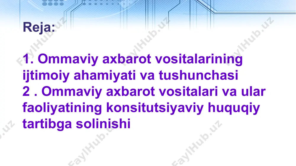 - «telekommunikasiyalar to‘g‘risida»gi qonun (1999 yil 20 avgust). lorem ipsum dolor lorem ipsum dolor sit amet, consectetur adipisicing elit. o‘zbekiston respublikasida ommaviy axborot vositalari huquqiy bazasini yaratilishida respublikamiz konstitutsiyasiga asosiy manba sifatida tayanildi. konstitutsiyamizning 67-moddasida «ommaviy axborot vositalari erkindir va qonunga muvofiq ishlaydi. ular axborotning to‘g‘riligi uchun belgilangan tartibda javobgardirlar. senzuraga yo‘l qo‘yilmaydi» deb belgilab qo‘yilgani ommaviy axborot vositalarining mutlaq qonuniy erkinligining kafolati hisoblanadi. ushbu qoidaga muvofiq o‘zbekiston respublikasi «ommaviy axborot vositalari to‘g‘risida»gi qonunining 7-moddasida «o‘zbekiston respublikasida ommaviy axborot vositalarini senzura qilishga yo‘l qo‘yilmaydi. e’lon qilinayotgan xabar va materiallar oldindan kelishib olinishini, shuningdek ularning matni o‘zgartirilishini yoki butunlay nashrdan olib qolinishini (efirga berilmasligini) talab qilishga hech kimning haqqi yo‘q» deb ko‘rsatib qo‘yildi 1 lorem ipsum dolor 2 lorem ipsum dolor 3 lorem ipsum dolor lorem ipsum dolor 1 lorem ipsum dolor 2 lorem ipsum dolor 1991 yilda o‘zbekistonda 395 ta ommaviy axborot vositasi faoliyat olib borgan. mustaqillik yillarida yaratilgan keng …