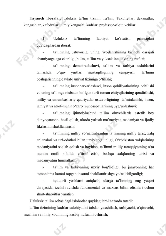 , muallim va ilmiy xodimning kasbiy nufuzini oshirish; davlat va nodavlat ta’lim muassasalarining har xil turlarini rivojlantirish; ta’lim tizimini tarkibiy jihatdan qayta qurish, ta’lim, fan, texnika va texnologiyaning, iqtisodiyot va madaniyatning jahon miqyosidagi zamonaviy yutuqlarini hisobga olgan holda ta’lim va kasb-hunar ta’limi dasturlarini tubdan o‘zgartirish; majburiy umumiy o‘rta ta’limdan ,o‘rta maxsus kasb-hunar ta’limiga o‘tilishini ta’minlash; maxsus kasb-hunar ta’limining markazlari sifatida fan va ishlab chiqarish integratsiyalashgan yangi tipdagi o‘quv muassasalarini vujudga keltirish; ilg‘or texnologiyalarni keng o‘zlashtirish, iqtisodiyotdagi tarkibiy o‘zgarishlar, chet el investitsiyalari ko‘lamlarining kengayishi, tadbirkorlik, kichik va xususiy biznesni rivojlantirish bilan bog‘liq yangi kasb-hunar va mutaxasisliklar bo‘yicha kadrlar, shu jumladan boshqaruv tizimi kadrlarini tayyorlash, qayta tayyorlash va ularning malakasini oshirish; milliy mustaqillik prinsiplari va xalqning boy intellektual merosi hamda umumbashariy qadriyatlarning ustuvorligi asosida ta’limning barcha darajalari va bo‘g‘inlarida ta’lim oluvchilarning ma’naviy va ahloqiy fazilatlarini rivojlantirish; ta’limni boshqarish tizimini takomillashtirish, ta’lim muassasalarini mintaqalashtirish; ta’lim olishda, shuningdek bolalar va yoshlarni ma’naviy-ahloqiy, intellektual va …