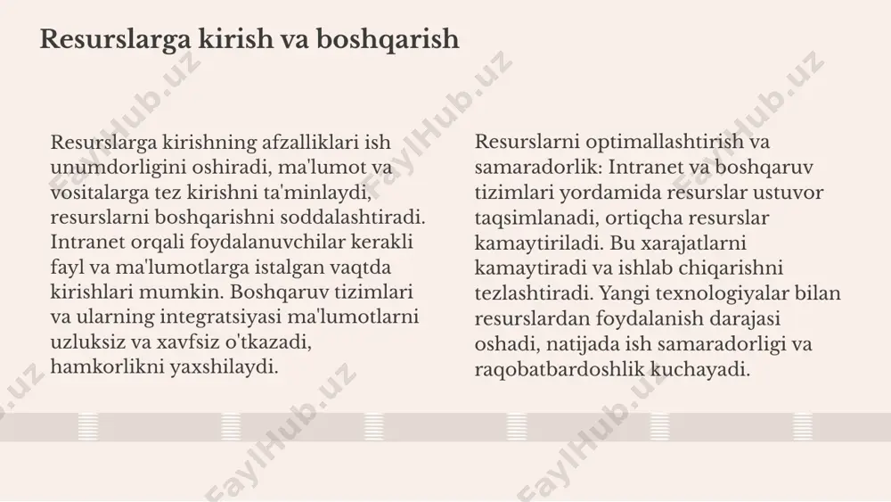 r yordamida global jamoalarni birlashtirishda muvaffaqiyatga erishdi. olingan saboqlar va tajribalar intranetlardan to'g'ri foydalanish uchun foydalanuvchi treninglari va xavfsizlik choralari muhim. tajribalar shuni ko'rsatadiki, intranetlar orqali ma'lumotlarni boshqarish va hamkorlikni rivojlantirish mumkin, bu esa biznesning samaradorligini oshiradi. 01. 02. 03. kelajakda intranetlardan foydalanish intranetlarning rivojlanish istiqbollari texnologik rivojlanish bilan bog‘liq. sun’iy intellekt, bulut texnologiyalari va mobil qurilmalar intranetlarning imkoniyatlarini kengaytiradi. bu esa, kompaniyalar uchun yanada samarali va shaxsiylashtirilgan kommunikatsiya va ma’lumotlarni boshqarish imkonini yaratadi. yangi texnologiyalar, masalan, virtual haqiqat va kengaytirilgan haqiqat intranetlar orqali taqdim etilishi mumkin. bu, xodimlarning o‘zaro hamkorligini kuchaytiradi va ish jarayonlarini soddalashtiradi. bundan tashqari, blokcheyn texnologiyasi xavfsizlikni oshirishda va ma’lumotlarni taqsimlashda yangi imkoniyatlar yaratadi. xulosa intranetlarning asosiy funktsiyalari va roli intranetlar ichki kommunikatsiya, axborot almashish va resurslarga kirishni ta'minlaydi. xodimlar uchun ma'lumotlarni tez va oson olish, hamkorlik va biznes jarayonlarini yaxshilash imkonini yaratadi. intranetlar va innovatsiyalar: rivojlanish va hamkorlik innovatsiyalarni qo'llab-quvvatlash va hamkorlikni kuchaytirish uchun intranetlar …