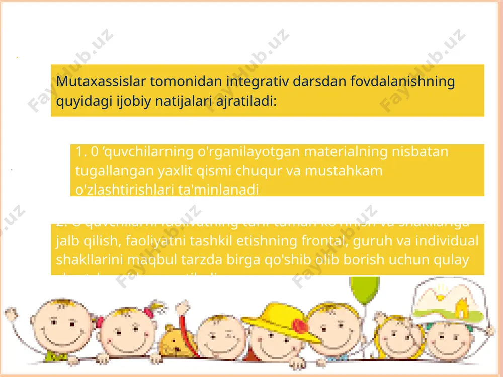 hni talab qiluvchi topshiriqlar berish samarali usullardan sanaladi. masalan, daraxt so`zining ma’nodoshlari: daraxt, nihol, ko`chat…uyadoshlari: terak, tol, archa, qayrag`och… o`quvchilarga talaffuzimizdagi bir-biriga o`xshash so`zlarni farqlashda (“tabiatshunoslik” faniga oid), ularga ma’nodosh, uyadosh, zid ma’noli so`zlarni topishni talab qiluvchi topshiriqlar berib, ushbu topshiriqlarni bajartirsak, bu o`quvchilarning kamol topishida, fikrlash darajasining o`sishida, bilim olishga havasini uyg`otishda nutqiy malakalarini shakllantirishda muhim ahamiyat kasb etadi. integrativ ta’lim oddiydan murakkabga, bilishdan - ilmga, tartibsizlikdan uyg`unlikka, chanqoqlikdan mohirlikka va ijodga bo`lgan harakatni taklif qiladi. bola dunyo yaralishining «g`ishtchalari» bilan tanishadi, olamning boshlanishiga, insonning yerda paydo bo`lishiga murojaat qiladi. so`zlarni, sonlar sirini, yashil barglar, qadimiy afsonalar sirlarini ochishga intiladi. u makon va zamon bo`ylab sayohatga otlanadi. shunday qilib, bola har kuni ochilishi kerak bo`lgan olamning go`zalligini va turli-tumanligini his qiladi. bir so`z bilan aytganda, shu olamlar ichra sayohatning mavjudlik qonuniyatlarini, tillarining o`ziga xos xususiyatlarini ochish - integrativ ta’limning asosiy mantiqidir. e’tiboringiz uchun rahmat!!! image2.png image3.jpg image4.jpg image5.png image6.jpeg …