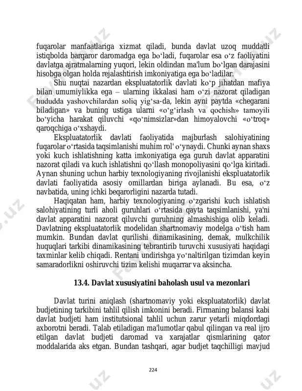 atorlik davlati faoliyatidan ko‘riladigan zararni faqat og‘ir soliqlar (nohaq yig‘imlar) va mulkchilik huquqlarini taqsimlash muntazam va oldindan aytib bo‘ladigan xususiyatga ega bo‘lgan taqdirda qisqartirish mumkin. og‘ir soliqlarning oldindan aytib berilishi ham davlat, ham 224 fuqarolar manfaatlariga xizmat qiladi, bunda davlat uzoq muddatli istiqbolda barqaror daromadga ega bo‘ladi, fuqarolar esa o‘z faoliyatini davlatga ajratmalarning yuqori, lekin oldindan ma'lum bo‘lgan darajasini hisobga olgan holda rejalashtirish imkoniyatiga ega bo‘ladilar. shu nuqtai nazardan ekspluatatorlik davlati ko‘p jihatdan mafiya bilan umumiylikka ega – ularning ikkalasi ham o‘zi nazorat qiladigan hududda yashovchilardan soliq yig‘sa-da, lekin ayni paytda «chegarani biladigan» va buning ustiga ularni «o‘g‘irlash va qochish» tamoyili bo‘yicha harakat qiluvchi «qo‘nimsizlar»dan himoyalovchi «o‘troq» qaroqchiga o‘xshaydi. ekspluatatorlik davlati faoliyatida majburlash salohiyatining fuqarolar o‘rtasida taqsimlanishi muhim rol' o‘ynaydi. chunki aynan shaxs yoki kuch ishlatishning katta imkoniyatiga ega guruh davlat apparatini nazorat qiladi va kuch ishlatishni qo‘llash monopoliyasini qo‘lga kiritadi. aynan shuning uchun harbiy texnologiyaning rivojlanishi ekspluatatorlik davlati faoliyatida …