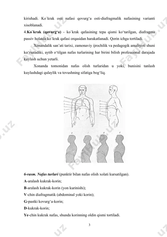 hi o`quvchining nafasdan qanday foydalanayotganini diqqat bilan kuzatishi kerak, lekin, agarki tovush tufri bulsa albatta, uz fikrini unga singdirishdan uzini tutishi kerak. eng asosiysi qanday nafas olish emas, uni qanday sarflashdir. ovozni to`g`rihosil qilish uchun kuyidagilarni bilish lozim: a)xaddan tashkari ko`p nafas olmaslik; b)keraklicha nafas olmasdan kuylashni boshlamaslik; v)tovush xujumi boshlanganda va kuylash davomida, nafas xisini saklab qolish; g)jumla davomida nafasni to`g`ritaksimlash, nafasning jumla oxirigicha tulik yetishi, jumla tugagach, kolgan havo ni chikarib yuborish kerak . sound colour all modes can be lightened or darkened, though some morethan others. the sound colour is created in the vocal tract,which is the space above the vocal cords extending to the lipsand including the nasal passages. the form and size of the vocaltract is of great importance to the sound colour. all singershave different vocal tracts so all singers have their ownpersonal sound colour. if the vocal tract is large, the soundcolour will …