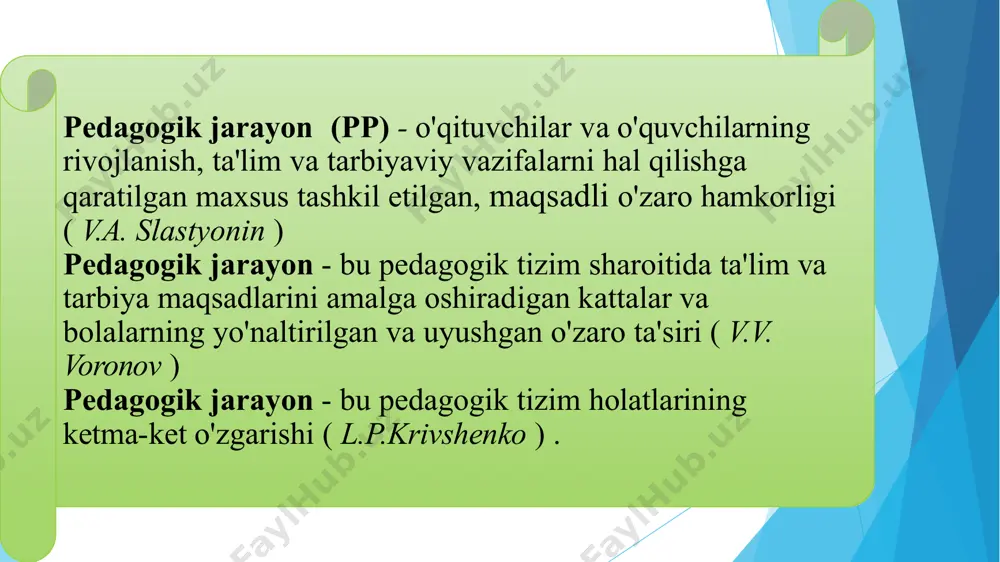 amalga oshirish; pedagogik muammoni hal qilish natijalarini tahlil qilish pedagogik jarayon yaxlitligining qonuniyatlari, tamoyillari va qoidalari qonun - hodisalar o'rtasidagi ob'ektiv ravishda mavjud bo'lgan zaruriy bog'liqlik , sabab va oqibat o'rtasidagi ichki muhim bog'liqlik pedagogik jarayon yaxlitligining asosiy qonuni - keksa avlodlarning ijtimoiy tajribasini yosh avlodlar tomonidan majburiy ravishda o'zlashtirish. ▶e’tiboringiz uchun rahmat image1.png image2.png image3.png image4.png image5.png image6.jpg image7.jpg image8.jpg image9.jpg image10.jpg image11.jpg image12.png image13.png image14.png image15.jpg image16.png image17.png