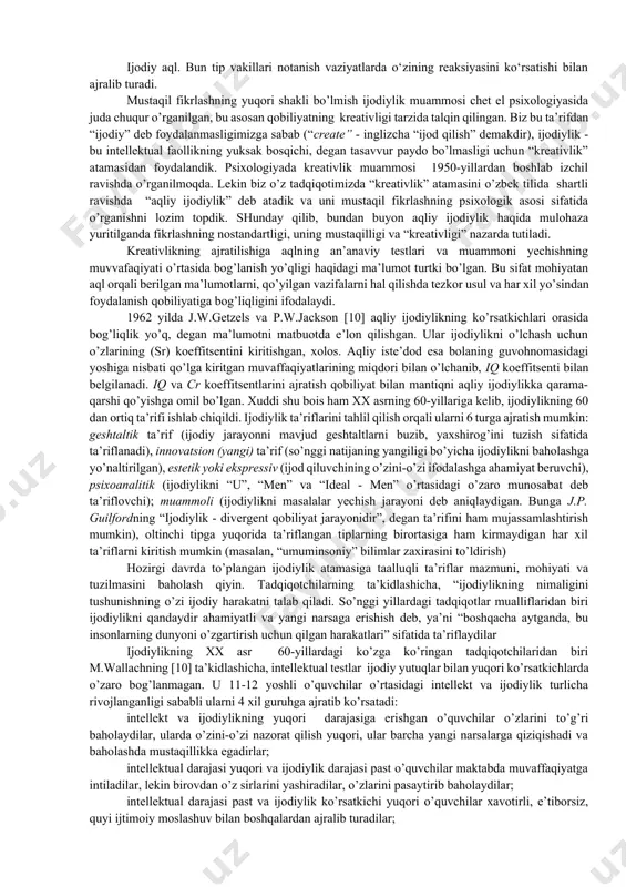 tudent with little aptitude for literary discussion. are all of these people intelligent? could you rate their intelligence on a single scale? or would you need several different scales? ma’lumki, ba’zi insonlar aniq fanlar yuzasidan ba’zi insonlar gumanitar fanlar yuzasidan qobiliyatga ega bo‘lishadi. yana yuqori darajadagi talantga ega bo‘lagan rassomning oddiy matematik misollar oldida esankirab qolishini va ajoyib matematikni ozroq badiiy qobiliyatga ega bo‘lishini kuzatganmiz. bunday insonlarni aqilli deb aytishimiz mumkinmi. [footnoteref:1] [1: psychology david g. myers hope college holland, michigan 409р] spirmenning fikricha, insonlarda umumiy intellekt mavjud. uning fikricha insonlarni bir-biridan ajratib turuvchi o‘ziga xos qobiliyatlari bor.spirmen faktorli analiz, statistik protsedurani ishlab chiqdi. u bog‘liq elementlarning muvaqqat bog‘lanishlarini tushuntirib bergan. spirmenning fikricha malakaning umumiy yig‘indisi, bizning aqliy hulq-atvorimizga bog‘liqdir deb tushuntirgan. shu kungacha spirmenning umumiy intellekt nazariyasi, ya’ni intellektni bir taraflama baholash nazariyasi ko‘plab noroziliklarga sabab bo‘lgan. spirmendan farqli o‘laroq terstoun aqliy qobiliyatlarning 56 xil testlar, 7 ta klaster …
