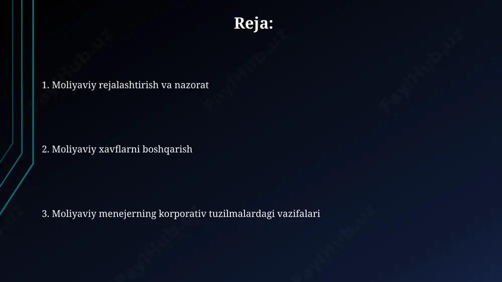masalan, aqsh va yevropa bozorlariga investitsiya kiritish strategiyasini qo'llaydilar. toshkentdagi yirik kompaniyalar moliyaviy menejerlar yordamida investitsiyalarni jalb qilishda 2023 yilda 30% ga yaqin o'sishga erishdilar, bu esa, investorlarning ishonchini oshirdi. moliyaviy hisobot va tahlil o'zbekistondagi 50 ta yirik korxona orasida o'tkazilgan tadqiqotlar shuni ko'rsatdiki, samarali moliyaviy hisobotlar va tahlillar korxonalarning rentabelligini 10-15% ga oshirishi mumkin. samarqanddagi bir kompaniya moliyaviy hisobotlarni tahlil qilish natijalari asosida 2 million dollarlik investitsiyalarni qayta yo'naltirdi, bu esa yillik daromadni 30% ga oshirdi va bu moliyaviy menejerning o'z vaqtida qabul qilingan qarorlarining samaradorligini ko'rsatadi. moliyaviy axborot tizimlari samarali moliyaviy axborot tizimlari 3 ta asosiy moduldan iborat bo'lib, ular aktivlarni boshqarish, xarajatlarni tahlil qilish va daromadlarni prognoz qilishni o'z ichiga oladi. moliyaviy axborot tizimlari korxona daromadlarini 20% ga oshirishga yordam beradi, bu esa 2023-yilgi hisobotlarga ko'ra, toshkentdagi 50 ta yirik kompaniyada kuzatilgan. ishchi kapitalni boshqarish ishchi kapitalni boshqarishda inventarizatsiya, debitor qarzlari va kreditor qarzlari kabi asosiy omillarni …