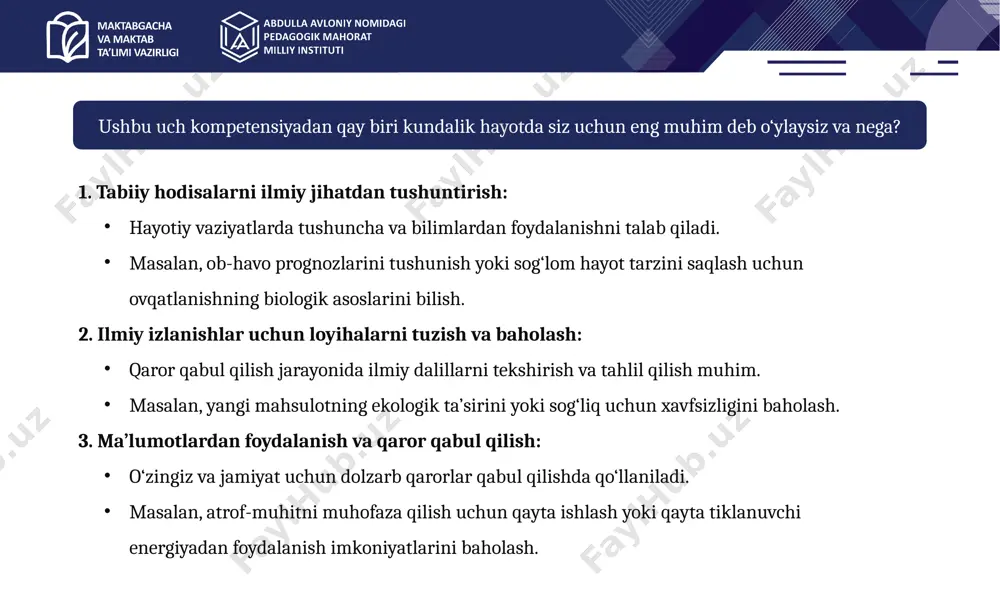 xossalari (masalan, zarralar modeli, bog‘lanishlar, holatlarning o‘zgarishi, issiqlik va elektr o‘tkazuvchanlik); moddaning kimyoviy o‘zgarishlari (masalan, kimyoviy reaksiyalar, energiya almashinuvi, kislotalar/ishqorlar); harakat va kuchlar (masalan, tezlik, ishqalanish) va uzoqdan ta’sir (masalan, magnit, gravitatsiya va elektrostatik kuchlar hamda o‘zaro ta’sirlar); energiya va uning uzatilishi (masalan, energiyaning saqlanishi, tarqalishi, kimyoviy reaksiyalar); energiya va moddaning o‘zaro ta’siri (masalan, yorug‘lik va radio to‘lqinlar, tovush va seysmik to‘lqinlar, karbonat angidrid tomonidan radiatsiyaning yutilishi). tirik tizimlar uchun zarur bilimlar: organizm tushunchasi (hayvonlar, o‘simliklar va mikroorganizmlarni, masalan, viruslar va bakteriyalarni o‘z ichiga oladi); genlar (masalan, gen ifodalanishi, irsiyat/meros, biotexnologiya) va ular atrof-muhit bilan o‘zaro ta’siri; hujayralar (tuzilishi va funksiyasi, energiya ishlab chiqarish, nafas olish (karbon oksidlanishi), fotosintez (karbon biriktirilishi), o‘sish va boshqalar); o‘simlik va hayvon tizimlari, ularning salomatligi va parvarishi (masalan, qon aylanishi/transport, ko‘payish, nafas olish, moddalarning tashilishi, chiqarish, hazm qilish/ovqatlanish) va ular o‘rtasidagi o‘zaro bog‘liqliklar; biologik evolyutsiya (biologik xilma-xillik, genetik o‘zgaruvchanlik, moslashuv va tabiiy tanlanish); ekotizimlar (masalan, …
