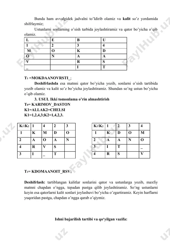 so’z bo’yicha joylashtiramiz. shundan so’ng ustun bo’yicha o’qib olamiz. 3. usul ikki tomonlama o’rin almashtirish t0= karimov_daston k1=allak2=chelsi k1=1,2,4,3;k2=1,4,2,3. k1\k2 1 4 2 3 1 k m d o 2 a o a n 4 r v s 3 i _ t t1= kdomaanoit_rsv; k1\k2 1 2 3 4 1 k d o m 2 a a n o 3 i t _ 4 r s v deshifrlash: tartiblangan kalitlar sonlarini qator va ustunlarga yozib, maxfiy matnni chapdan o’ngga, tepadan pastga qilib joylashtiramiz. so’ng ustunlarni keyin esa qatorlarni kalit sonlari joylashuvi bo’yicha o’zgartiramiz. keyin harflarni yuqoridan pastga, chapdan o’ngga qarab o’qiymiz. ishni bajarilish tartibi va qo‘yilgan vazifa: asosiy matn shifrlash usullaridan birida shifrlansin va qadamma - qadam izohlansin. shuningdek java, c++ va c# dasturlash tizimlaridan birida dasturiy ta'minot yaratilsin. hisobot mazmuni: 1. ish mavzusi. 2. ishdan maqsad. 3. shifrlash algoritmini blok-sxemasi. 4. dastur matni. nazorat savollari 5. kriptografiya nima? 6. …
