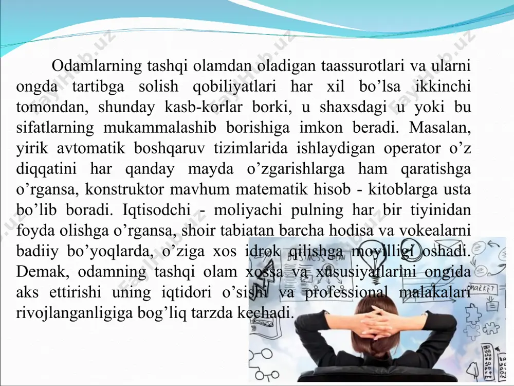 atlar psixolog olimlarning yozgan ilmiy adabiyotlarda keltirilgan, biz ularning ayrimlarini belgilaymiz: d. anglanganlik qonuni. g. o’zgarmas ma’lumotning idrok qilinmasligi qonuni. v. kutishlar va taxminlarning idrokka ta’siri. b. idrokning konstantliligi qonuni. figura va fonning ilgarigi harakatga bog’liqligi qonuni. idrok a.figura va fonning ilgarigi harakatga bog’liqligi qonuni. bu qonunning ma’nosi: odam ilgarigi tajribasida bo’lgan, bevosita to’qnash kelgan narsalarini idrok qilishga moyil bo’ladi. agar biror predmetni u ilgari figura sifatida idrok qilgan bo’lsa, demak, keyingi safar ham uni aynan figuraday idrok qiladi, agar fon bo’lgan bo’lsa, tabiiy, fonday qabul qiladi. bu qonunning hayotdagi o’rni chet davlatlarda borgan turistlar tajribasiga tayanib tushuntirilishi mumkin. b.idrokning konstantliligi qonuni. bu qonun ma’lum ma’noda oldingisiga bog’liq. ya’ni bunda ham ilgarigi tajriba katta rol o’ynaydi. ma’nosi: odam o’ziga tanish bo’lgan narsalarni o’sha xossa va xususiyatlar bilan o’zgarishsiz idrok qilishga moyildir. v. kutishlar va taxminlarning idrokka ta’siri. ko’pincha bizning idrokimiz ayni paytda biz nimalarni kutayotganimizga bog’liq bo’lib qoladi. biz o’zimiz …