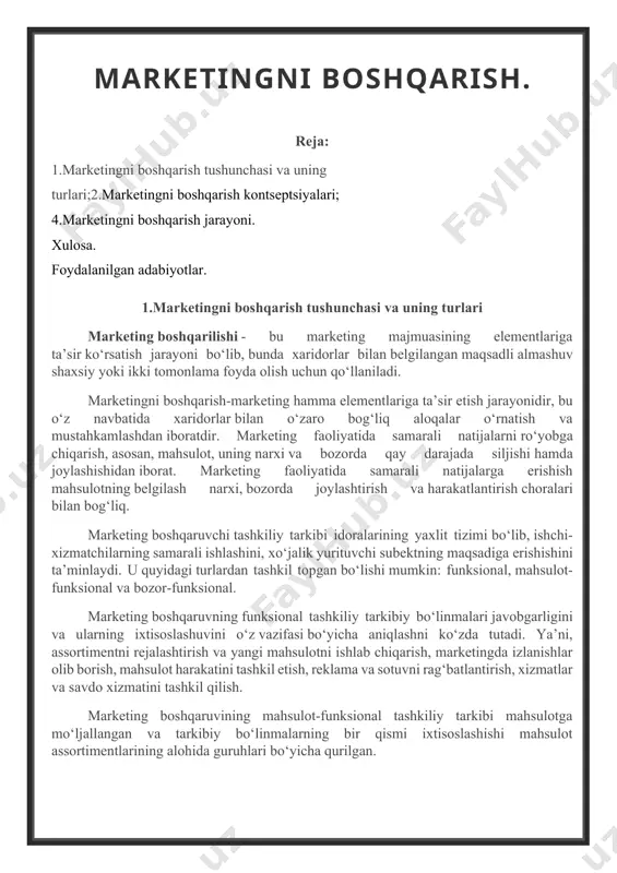 ahsulot assortimentlarining alohida guruhlari bo‘yicha qurilgan. marketing boshqaruvining bozor-funksional yoki regional tashkiliy tizimi bo‘limlari funksional bo‘linmalarini qo‘shimcha tashkil qilish regional bozorlariga yoki iste’molchilar turlariga yo‘naltirilgan. mahsulotingizning yuqori sifati uning muvaffaqiyat qozonishiga olib keladi, degan an’anaviy fikr tijorat ishlari uchun asos bo‘la olmaydi. shuning uchun mahsulot chiqarilmasdan oldin dastlabki bosqichda shunday bozorni tanlash kerakki, toki unda hozirgi vaziyat uchun firmaning nomi hammaga ma’lum bo‘lsin. shunda siz yetarli darajada muvaffaqiyat bilan bozorda mahsulot sotishingiz mumkin. tadbirkorlarning ommaviy taraqqiy etishi davrida hamma vaqt va axborot taqchilligi sharoitida o‘z davlatingizda, mustaqil respublikalarda, balki xorijda ham potensial bozorlar topish zarur. korxona uchun iqtisodiy kenglik bu, avvalo, mahsulot va xizmatlarning erkin almashuvidagi sharoit bo‘lib, ushbu jarayon qatnashchilarining manfaatiga bog‘liqdir. bizning holatda iqtisodiy kenglik, mahsulot almashuvi uchun ishlab chiqaruvchi (kommersant-tijoratchi bilan) va iste’molchi orasidagi haqiqiy sharoitlarning bunyod etilishidir. mahsulotni sotish maqsadidagi tadbirlarning boshqaruv chizmasi marketing majmuasi elementlari marketing majmuasi elementlariga ta’sir etuvchi tadbirlar narx narx siyosatini aniqlash …