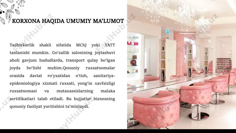 dimlar uchun ish haqi va rag‘batlantirish tizimi – oylik ish haqi, bonuslar, sodiqlik dasturi va maqsadlarga erishish uchun qo‘shimcha rag‘batlar (masalan, mukofotlar yoki imtiyozlar) joriy etiladi. 15-25 26-35 15-25 26-35 46+ 46+ 36-45 36-45 moliyaviy tahlil dastlabki sarmoya – 115 mln litsenziya va ruxsatnoma – 5 mln yo'l tanlovi va ijarasi – 30 mln (6 oyga) ta'mirlash – 15 mln kreslo – 3 mln (4 dona) salon oynasi – 5 mln (1 dona) tish uskunalari – 800 mln fizikoterapiya kreslosi – 3 mln (1 dona) stol-stul, shkaf – 3 mln (1 dona) daraxt ekish – 3 mln (1 dona) tirnoq uchun sterilizator – 3 mln (1 dona) kosmetologiya hamda xizmatlar – 30 mln (6 oyga) kosmetologiya hamda tibbiy xizmatlar – 3 mln (1 dona) reklama va marketing – 5 mln (6 oyga) xodimlar oylik maoshi – 5 mln umumiy xarajatlar: 120 mln sof foyda: 27 000 000 mln risklar va …