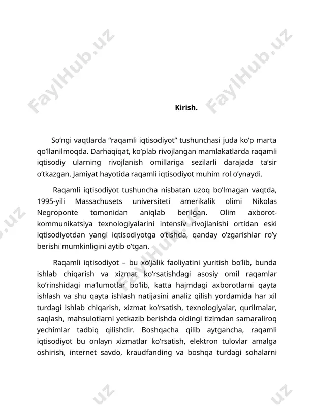ladi. insoniyat o‘zgacha bo‘lib qoldi, bu esa ijtimoiy munosabatlarning o‘zgarishiga olib kelayapti. raqamli texnologiyalarning hayotimizga kirib borishni davom ettirishi – kelajak dunyosiga xos bo‘lgan xususiyatlardan biridir. bu mikroelektronika, axborot texnologiyalari va telekommunikatsiyalar sohalaridagi taraqqiyot bilan izohlanadi. shunday qilib, raqamlashtirish – ob’ektiv, muqarrar jarayon bo‘lib, uni to‘xtatishning iloji yo‘qdir. raqamlashtirishga yo‘ldosh bo‘ladigan eng jiddiy havf-xatarlardan biri, o‘rta va past malakali ixtisosliklar orasida ommaviy ishsizlik yuzaga kelishi hisoblanadi. o‘rta sinf vakillari keskin kamayib ketishi mumkin, chunki birinchi navbatda aynan shu ish o‘rinlari avtomatlashtiriladi va ular intellectual robotlar bilan almashtiriladi. faol, ma’lumotli, mehnatga layoqatli aholining yetarli darajada yuqori turmush tarziga o‘rganib qolgan sezilarli qismi g‘arb turmush tarsi tufayli yo‘l chetiga chiqib qoladi. biroq raqamli dunyo shu qadar tezkorlik bilan shakllanadiki, yuqori malakaga ega bo‘lgan kadrlar tayyorlash jarayonini tezlashtirish ular taqchilligining oldini olishi mumkin bo‘ladi. shu sabablihozircha kim o‘zgarishlarga tayyor bo‘lsa, buning uchun unda hali yetarlicha vaqt bor. o‘zbekiston respublikasi prezidenti shavkat mirziyoev 2018 …