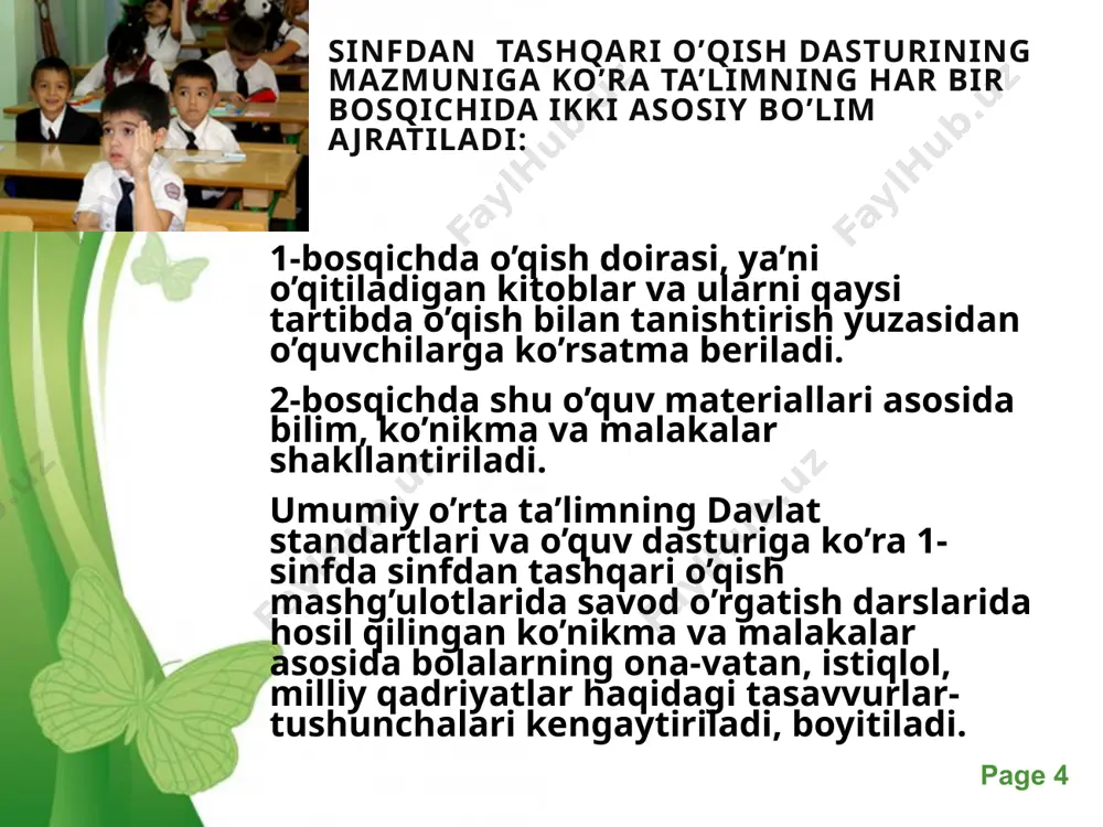 di. maruzalar odatda qisqa 5-8 minut davom etadigan bo`lishi lozim. mavzuli kechalar odatda ba`zi sanalarga olimlarning hayot va faoliyatlariga, zamonamizning dolzarb masalalariga, fan yutuqlari kabilarga bag`ishlanib o`tkazilishi mumkin. «non – rizq ro`zimizdir» nomli kechani o`tkazishga quyidagicha tayyorlanish mumkin. kecha ishtirokchilari: kechani olib boruvchi ikki o`quvchi tanlanadi. undan tashqari «non – rizq ro`zimizdir» mavzusida ma'ruzachi, badiiy o`qish, ashula, o`yin sahna ko`rinishlari uchun ijrochilar tanlanadi. free powerpoint templates page ‹#› ekskursiyalarni ahamiyati. ekskursiyalar tabiatda, qishloq xo`jaligi ishlab chiqarishi, muzey yoki vistavkalarda o`tkaziladigan darsdir. sinfda o`tkaziladigan dars va laboratoriya mashgulotlari bilan bir qatorda ekskursiyalar o`qitish protsessida katta ahamiyatga ega bo`lib, sinfda o`qitiladigan darslarda amalga oshirish imkoni bo`lmagan kamchiliklarni o`rnini to`ldirishda xizmat qiladi. ekskursiyani sinfdan deyiladigan darslardan farq qilib ekskursiya darslarida o`quvchilarning o`simlik va xayvonot dunyosining tarqalishi, ularning yashash sharoitlariga moslashganligi kabi qator xususiyatlarni tabiiy sharoitda ko`rsatish imkoniyati tug`iladi. tabiatdagi kuzatishlar o`quvchilarni mustaqil ishlash qobiliyatini o`stirishga, ularni tabiatga qiziqishini fikrlashga yordam beradi. o`quvchilar tabiatdagi …