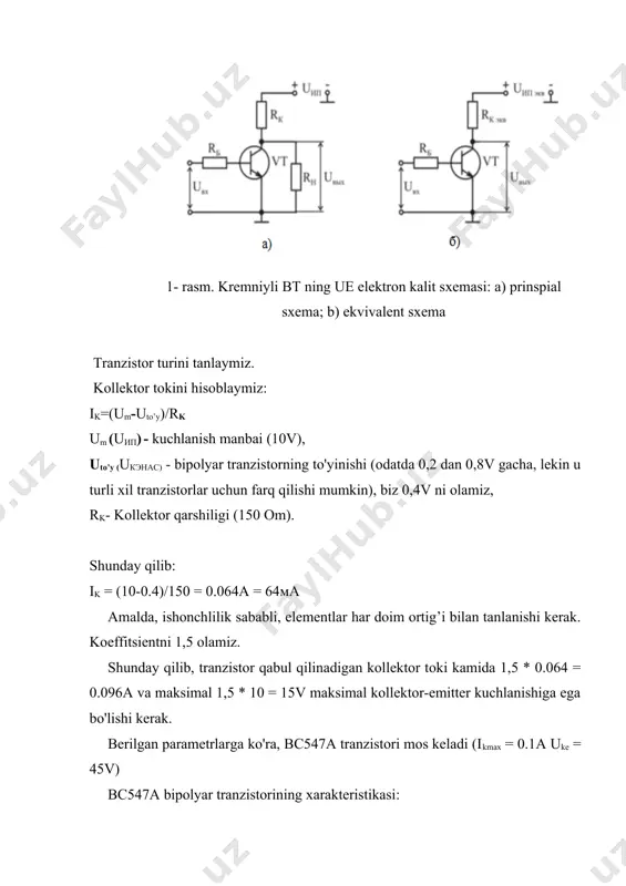 be) da uke = 0 v va uke = 10 v ga mos keladigan bc547a tranzistorining kirish xarakteristikalarini ajratib olamiz. tranzistorning parametrlarini o'lchash uchun 2-rasmdagi sxemani yig'dik. 2-rasm. transistorning kirish xarakteristikalari oilasini olish sxemasi olingan ib va ube qiymatlari 1-jadvalda umumlashtirildi. ulardan foydalanib, biz bc547a tranzistorining statik kirish xarakteristikalarini yaratamiz. 1-jadval. ue ib = f (ube) da uke = 0 v va uke = 10 v ga mos keladigan bc547a tranzistorining statik kirish xarakteristikalari oilasi. uкe=0в uкe=10в ib, мка ube, мв ib, мка ube, мв 25 546 25 652 50 566 50 673 75 578 75 685 100 587 100 694 125 593 125 701 150 599 150 706 175 603 175 711 200 607 200 715 250 614 250 721 300 620 300 727 350 624 350 731 400 628 400 736 450 632 450 739 500 635 500 742 tegishli ma'lumotlarga ko'ra, biz tranzistorning kirish xarakteristikalarining ib = …
