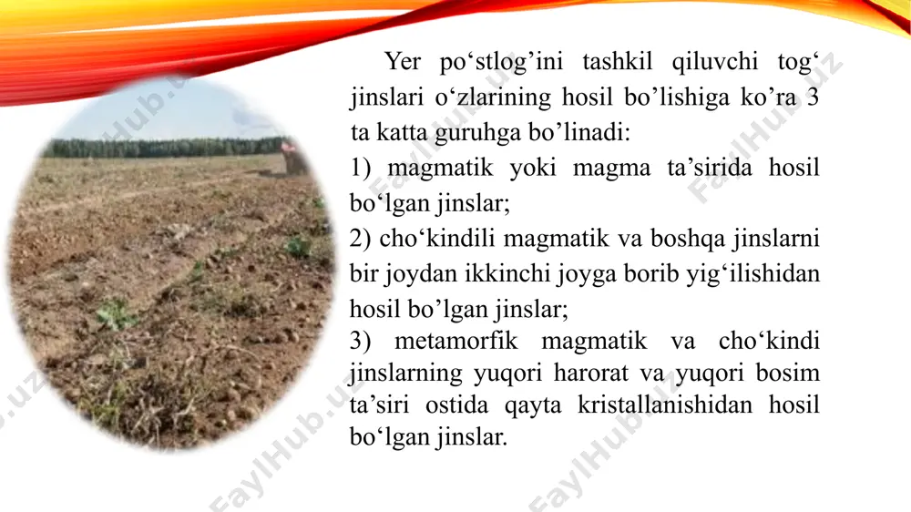 digan; 2. lalmi yerlar sug’oriladigan yerlar – qishloq xo’jaligida foydalanish va sug’orish uchun yaroqli bo’lgan, suv resurslari shu yerlarni sug’orishni ta’minlay oladigan sug’orish manbayi bilan bog’langan, doimiy yoki muvaqqat sug’orish tarmog’iga ega bo’lgan yerlar. qishloq va suv xo’jaligi organlari sug’oriladigan yeri bo’lgan yer egalari va yerdan foydalanuvchilarni sug’orish ishlari uchun manbalarning sersuvligini hisobga olgan holda joriy etilgan limitlar bo’yicha suv to’g’risidagi qonun hujjatlari bilan belgilanadigan tartibda suv bilan ta’minlashlari shart. tuproq va yerlarning degradatsiyaga duchor bo‘lishida quyidagi jarayonlar va tadbirlar asosiy rol o‘ynaydi: 1. mineral va organik o‘g‘itlar hamda pestitsidlarning noto’g’ri qo’llanishi. 2. meliorativ ishlar. meliorativ ishlarni noto’g’ri texnologiyalar asosida olib borish natijasida tuproqlarning gumusli qatlami kamayishiga va tuproqning unumdor qatlamiga tuproq hosil qiluvchi ona jins mahsulotlarini aralashib ketishiga olib keladi. 3. o’rmon qurilish materiallarini tayyorlash. o’rmon qurilish materiallarini tayyorlash vaqtida og’ir texnikalarning harakati o’rmon qiyiga, o’simliklar qoplamiga salbiy ta’sir qiladi va daraxt ildizlarini ko’chirishda u bilan ko’p miqdorda gumus …