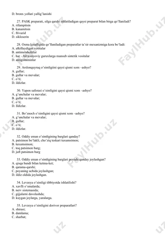 alpiz, efir moy, sut qandi quyidagicha tayyorlanadi: a. 1, 0 qand+1 tomchi efir moyi qo’shib tayyorlanadi; b. 2, 0 qand+1 tomchi efir moyi qo’shib tayyorlanadi; c. 2, 0 qand+2 tomchi efir moyi qo’shib tayyorlanadi; d. 3, 0 qand+1 tomchi efir moyi qo’shib tayyorlanadi. 50. elaki dorilar tarkibiga ko’ra necha xil bo’ladi? a. 2xil; b. 3 xil; c. 5 xil; d. 1 xil. 51. dozaga bo’lingan poroshoklar lotincha qanday nomlanadi? a. pulveris compositi; b. pulveris divisi; c. pulveris simplicis; d. pulveris divisi. 52. sirtga purkash uchun ishlatiladigan elaki dorilar lotinchada qanday nomlahnadi? a. pulveres insecticidi; b. pulveres insufflatorii; c. pulveres pro usu interno; d. pulveres pro usu externo. 53. efir-moy qand aralashmasi qanday ataladi? a. tincture; b. extracta; c. elaeosacchari; d. trituratio. 54. dorixona sharoitida»b” ro`yxatdagi moddalardan trituratlar qanday nisbatda tayyorlanadi? a. 1: 100; b. 1: 50; c. 1: 20; d. 1:10. 55. yig’malarning lotincha nomi? a. folliorm; b. flores; c. …