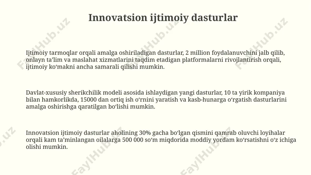 ni diversifikatsiya qilishga qaratilgan. barqaror rivojlanish maqsadlari барқарор ривожланиш мақсадлари (брм) 17 та мақсад ва 169 та вазифадан иборат бўлиб, 2030 йилгача жаҳон миқёсидаги муаммоларни ҳал этишга қаратилган. брмнинг асосий мақсадлари орасида камбағалликни қисқартириш, соғлиқни сақлаш тизимини яхшилаш ва сифатли таълимга эришиш кабилар ҳам бор. уларнинг ҳар бирига кўплаб кўрсаткичлар билан мониторинг олиб борилади. брмни амалга ошириш учун ҳукуматлар, хусусий сектор ва фуқаролик жамияти вакиллари ўртасидаги ҳамкорлик муҳим аҳамиятга эга бўлиб, бу жараёнда 2030 йилгача 60 триллион доллардан ортиқ инвестиция талаб этилади. ijtimoiy integratsiya ijtimoiy integratsiya jarayonida kamida 5 ta turli etnik guruh vakillarining birgalikdagi loyihalarda ishtiroki va o'zaro hamkorligi muhim omil hisoblanadi. ijtimoiy integratsiyani baholashda, ijodiy sanoatda 20% ga oshgan bandlik va ijtimoiy moslashuv koeffitsiyentining 0.7 dan yuqori bo'lishi muhim ahamiyat kasb etadi. ijtimoiy integratsiyaning samaradorligi ko'rsatkichlari sifatida 30% dan ortiq aholining ijtimoiy dasturlarda faol ishtiroki va 15% ga kamaygan ijtimoiy tafovutlarni qayd etish mumkin. ochiq ma’lumotlar va fuqarolik …