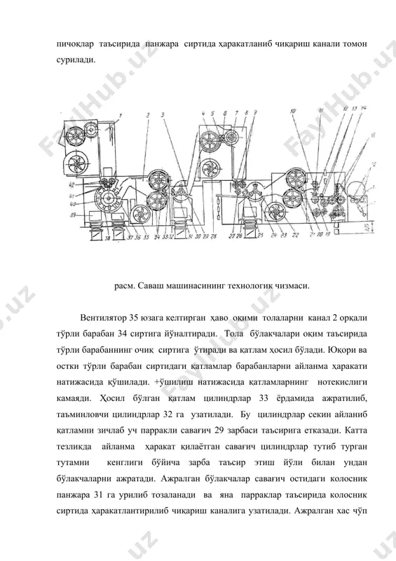гич зарбаси таъсирида бўлакчалар колосник панжарага урилиб тозаланади. бунда ажралиб чиққан чиқиндилар панжара остидаги камера 24 га тушади. титилган ва тозаланган толалар вентилятор 22 юзага келтирган ҳаво оқимини тортиши ҳисобига тўрли барабанлар 21 сиртига ёпишиб қатлам ҳосил қилади. ушбу барабанлар жуфти ҳосил қилган қатлам цилиндрлар 20 ёрдамида ажратиб олинади ва яссиловч-эзувчи валлар 10,11,12,19 га узатилади.бу ерда толалар қатлами валларни оғирлиги ва механик ричагли тизим юзага келтирган босим кучлар таъсирида зичланади. сўнгра қатлам (холст) валиклар 13 орқали думалатувчи валлар 15 га узатилади.бу валлар холстни босиб турувчи вал 14 таъсирида турган трубкаларга ўрайди. белгиланган узунликдаги холст 17 ўралиб бўлгандан сўнг, уни автоматик ажратиб олувчи механизм узиб олади ва валиклар 16 устига думалатиб чиқариб беради. холстни ажратиш жараёнида вал 14 орқали берилаётган босим кучи олинади ва янги трубка думалатувчи валлар сиртида қолган холст қатлами устига туширилади. сўнгра вал 14 пасайиб қайта юзага келтирилган босим кучи таъсирида трубкани босади ва янги холстни ўраш бошланади. …