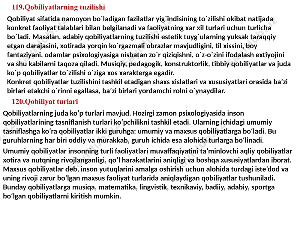 at — organizmning oʻz belgilari va xususiyatlarini kelgusi avlodlarga oʻtkazish, yaʼni organizmlarning oʻziga oʻxshash nasllarni bun-yod etish xossasi. irsiyat tufayli avlodlararo moddiy va funksional izchillik taʼmin etiladi. irsiyat har xil turlarga mansub organizmlar belgi va xususi-yatlaridagi tafovutlarning avlodlar osha saklanib qolishini ham taʼminlaydi. 122.qobiliyatlarning rivojlanishi qobiliyatni maʼlum faoliyatga moyillik yoki intilish orqali, tabiiy zehn nishonalarini aniqlash, mutaxassis rahbarligida uzluksiz faoliyatga jalb etish, qobiliyatni takomillashtirishning maxsus vositalarini qoʻllash, shaxsning faollik alomatlarini maksimal darajada rivojlantirish, inson shaxsiga alohida yondashuvni umumiy talablar bilan uygʻunlikda olib borish va boshqa orqali rivojlantirish yoʻllari mavjud. qobiliyatning yuqori darajasi isteʼdod va daholik (qarang daho) namoyon boʻladi. qobilyatlar, aslida, tug'ma bo'ladi. qobiliyat tug‘ma bo‘lsada uning rivojlanishi ijtimoiy muhitga ham bog‘liq bo‘ladi 123.layoqat va qobiliyat layoqat – insonning anatomik-fiziologik xususiyati bo‘lib, qobiliyatlar rivojining asosidir. layoqat – qobiliyatning nasliy mustahkamlangan omili, qobiliyat rivojlanishining tabiiy zamini. muayyan sharoit mavjud bo‘lganda layoqat qobiliyatning shakllanishi va rivojlanishini ta’minlaydi. asab analizatorlarining ayrim tug‘ma xususiyatlari …