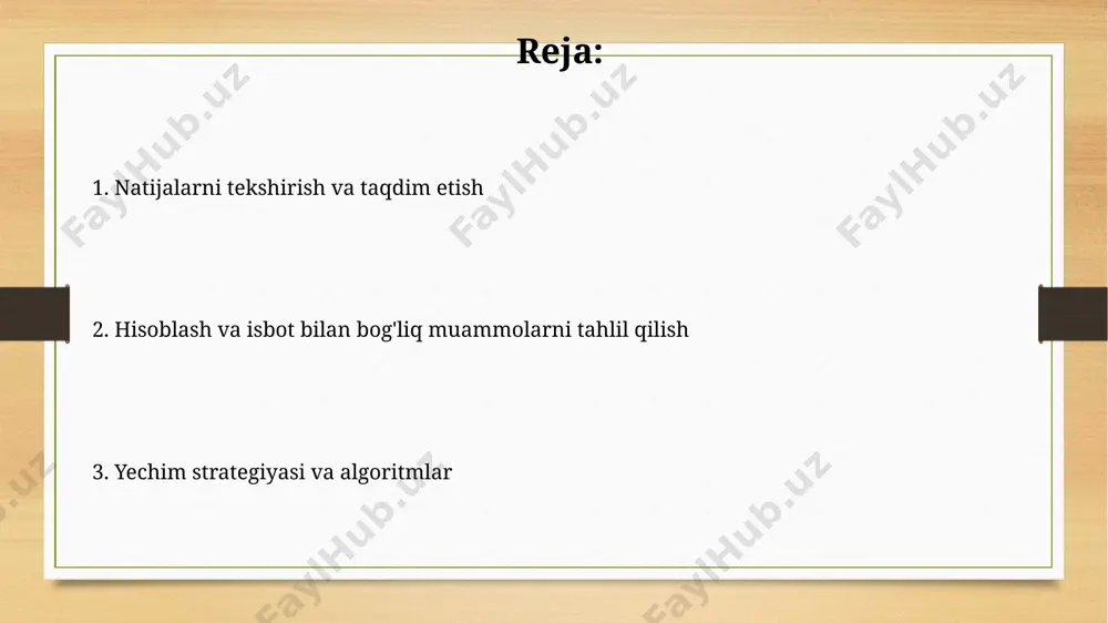 n. funksiyalar va ularning xossalari funksiyaning 1-darajali hosilasining nolga teng boʻlish nuqtasi, masalan, f'(x) = 0, x = 2 koordinatasida yoki 3-chi darajali polinom funksiyasi uchun, toshkent shahrida oʻtkazilgan tadqiqotlar natijasida aniqlangan. f(x) = x³ + 2x² - 5 funksiyasi uchun, x = 1 nuqtasidagi funksiya qiymati -2 ga teng boʻlib, bu qiymatni aniqlash uchun 3 ta har xil usul qoʻllanishi mumkin, bu esa xorazm viloyati olimlarining hisob-kitoblarida koʻrsatilgan. matematik mantiq va uning qo'llanilishi matematik mantiq, 20-asr boshlarida rasmiylashtirilgan boʻlib, hilbertning 23 muammosining 10-muammosi singari, murakkab matematik masalalarni hal qilishda samarali qoʻllaniladi. boolean algebra, ikkilik (0 va 1) sistemasiga asoslangan boʻlib, kompyuter fanida va raqamli mantiqni yaratishda, masalan, silikon vodiysidagi texnologiya kompaniyalarida keng qoʻllaniladi. isbotlashning asosiy tamoyillari isbotlashda, 2 dan ortiq muammoning o'zaro bog'liqligi tahlil qilinadi, masalan, algebraik tenglamalarni yechishda 3 ta noma'lumli tenglama tizimini hal qilish kabi. isbotlash jarayonida, xatoliklarni aniqlash uchun 10 ta qadamdan iborat tekshirish algoritmi, masalan, …