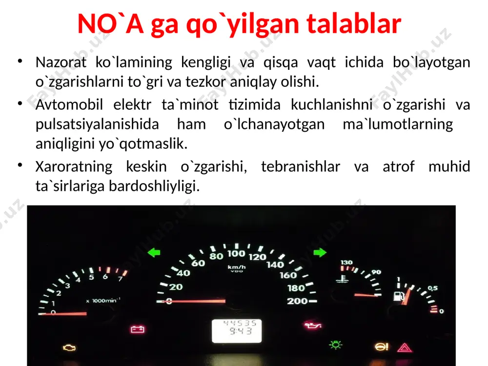 – kuchlanish 15...16 v. spidometr yuritma turiga ko`ra: mexanik (yumshoq val); elektr. ishlash uslubiga ko`ra: magnitoinduktsion; elektron. spidometr magnitoinduktsion spidometr: а — tezlik uzeli; 1 — yuritma vali; 2 — termomagnit shunt, 3 — magnit; 4 — g`aktak; 5 — ekran-magnito`tkazgich; 6 — sozlovchi dastag; 7 — prujina; 8 — ko`rsatgich; 9 — xisoblagich yuritmasi; spidometr magnitoinduktsion turi: б — hisoblash uzeli; 10—hisob uzel barabani; 11—yurgizgich. elektr yuritmali spidometr тахометры схема электронного тахометра no`a tezkor ma'lumotlardan farqli o'laroq, avtomobillarda alohida qismlarini texnik holatini kuzatadigan bort elektron tizimlari mavjud statsionar diagnostika postlarida ma'lumotni namoyish qilish uchun maxsus elektr ulagichi yordamida tashqi kabel orqali diagnostika qurilmaga ulanish mumkin ommaviy ishlab chiqarishga hali joriy qilinmagan istiqbolli axborot tizimlari ham ishlab chiqilgan: orqani ko'rinishidagi televizorli qurilmalar, to'qnashuvning oldini olish radar tizimlari, sun'iy yo'ldosh navigatsiya qurilmalari va boshqalar. image1.jpeg image2.jpeg image3.jpeg image4.jpeg image5.jpeg image6.jpeg image7.jpeg image8.jpeg image9.jpeg image10.jpeg image11.png image12.png image13.jpeg image14.jpeg image15.png image16.png image17.jpeg …