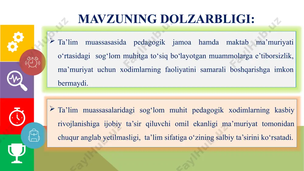 amalga oshirish, yangi tashabbus va g‘oyalarni jamoada qo‘llab-quvvatlash. maktablarda ijtimoiy hamkorlikni kuchaytirish hamda nosog‘lom muhit shakllanishining oldini olishda ma’naviy-ma’rifiy ishlar bo‘yicha direktor o‘rinbosari va maktab psixologining mas’uliyatini oshirish. vazifalar: . mavzu yuzasidan xorijiy tajribalarning o‘rganilganligi kanadada ijtimoiy sog‘lom muhitni yaratishda inklyuziv (fr. inclusive – o‘zini qo‘shish, barcha uchun teng imkoniyat yaratish va qamrab olish) muhit yaratishga katta e’tibor qaratiladi. har bir o‘qituvchi va ma’muriyat xodimi o‘zini qabul qilinganligini va hurmatda ekanligini his qilishi uchun sharoitlar yaratiladi. avstraliyada ijtimoiy sog‘lom muhitni yaratishda o‘qituvchilar salomatligi va farovonligiga alohida e’tibor qaratiladi. stressni kamaytirish va psixologik qo‘llab-quvvatlash uchun ta’lim agentliklari tomonidan sog‘lomlashtirish xizmatlari bepul taqdim etiladi. aqsh maktablarida yuzaga keladigan muammolar jamoaviy muhokama va qaror qabul qilish orqali hal qilinadi va bu holat ta’lim muassasasida ziddiyatlarning oldini olish bilan birgalikda, ijtimoiy sog‘lom muhitga sharoit ham yaratadi t/r amaldagi holat (o‘zbekistonda) amaldagi holat (xorijda) takliflar 1 maktablarda pedagog xodimlar stress holatiga tushgan davrlarda maktab rahbariyati …