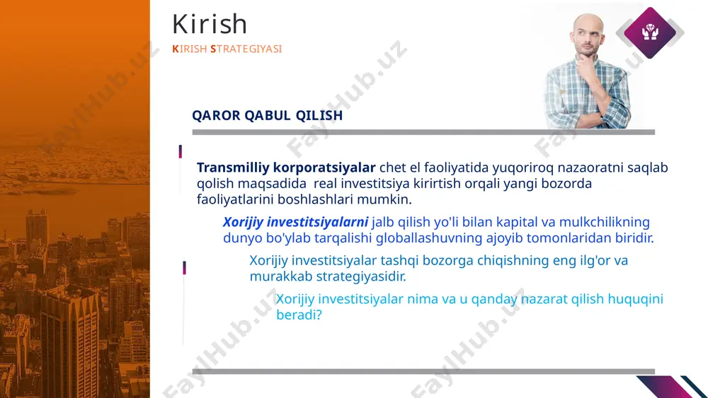 oydalanish masalan, firmalar o'z sohalari bo'yicha eng ilg'or bilimlarga ega bo'lgan mamlakatlarda ilmiy-tadqiqot ishlarini olib borishga moyil bo'lishadi va kam ish haqi sarflanadigan joylarda fabrikalar qurishadi bozorlardagi keskinliklar potentsial muammolar kamatirish uchun, menejerlar ko'pincha madaniy va lingvistik jihatdan yaxshi tanish bo'lgan mamlakatlarga sarmoya kiritishni ma'qullashadi. katta resurs majburiyati masalan, aqshning general electric firmasi, avvalo, qo'shma shtatlardan tashqarida joylashgan fabrikalarda, sho'ba korxonalariga jami 300 milliard dollardan ko'proq mablag‘ sarfladi jiddiy xavf va noaniqlik masalan, yaqinda fransiyaning renault avtomobilsozligi rossiyada lada avtomolarini ishlab chiqarish uchun avtovazning 25 foizini sotib oldi. xalqaro standart talablari masalan, toyota, renault va volkswagen kabi avtomobil ishlab chiqaruvchilar yoqilg'ini tejaydigan va toza texnologiyalarga sarmoya kiritmoqdalar.. fdi - bu o'ziga xos xususiyatlarga ega bo'lgan tashqi bozorga chiqishning rivojlangan shakli bo`lib quyidagi asosiy xususiyatlarga ega: fdi xususiyatlari investitsiya fdi - motivlar kirish strategiyasi agar kompaniyalar chet el faoliyatida yuqoriroq nazaoratni saqlab qolmoqchi bo`lsa qaysi kirish strategiyasini tanlashi kerak? bozor izlash …