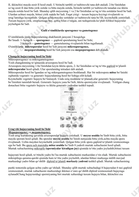 nsiy hujayra — gametalarning qo‘shilishi bilan ro'y beradi. jinsiy ko‘payishning anchagina murakkablashgam xillarini 2 guruhga ajratish mumkin: a)konyugatsiya, b)kopulatsiya. konyugatsiya bakteriya, infuzoriylarga xos bo‘lgan ko'payish usulidir. odatda kiprikli sodda hayvonlar oddiy bo‘linish bilan ko‘payadi. bunday ko‘payishlardan keyingi jinsiy ko'payish — konyugatsiya sodir boladi. ma’lumki, infuzoriylarda makro va mikronukleolalar mavjud. konyugatsiya boshlanganda ikki hujayra o‘ta yaqinlashadi - hujayralararo tutashtimvchi tortma hosil bo‘ladi. kopulatsiya oogamiya - kopulatsiya bilan boladigan gametogamiyaning eng yuqori shakli. bir gameta yirik, harakat tuzilmasiga ega emas — bu urg'ochi gameta, ya’ni tuxum hujayradir. ikkinchi gameta esa mayda, harakatlantiruvchi xivchinga ega — bu erkak jinsiy hujayrasi — spermatozoiddir. oogamiyada jinsiy hujayralar maxsus a ’zolarda (hayvonlarda urug‘don va tuxumdonlarda) hosil bo’ladi.ko‘pgina o‘simliklar va deyarli barcha hayvonlar oogamiya yo‘li bilan ko‘payadi. partenogenezda yangi avlod urug‘lanmagan tuxum hujayrasidan rivojlanadi. ma’lumki, partenogenez tabiiy va sun’iy bo‘lishi mumkin. tabiiy partenogenez hayvonlar (o ‘simlik biti, sodda qisqichbaqasimonlar, ayrim baliq va sudralib yuruvchilar) qo‘ygan tuxumi urug‘lanmasdan …