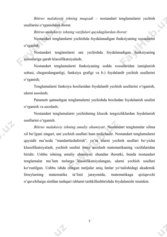 tushunchalaridan biri bo‘lib, u amaliy (tatbiqiy) masalalarni yechishning kuchli vositalaridan biridir. u tatbiqiy masalaning matematik modeli bo‘lib xizmat qiladi. shuning uchun ham sodda tenglamalarni yechish, turmushda uchrab turadigan ba’zi masalalarni yechishda tenglamalardan foydalana olish matematik madaniyatning muhim ko‘rsatkichi bo‘lib xizmat qiladi. shu sababali ham maktab, akademik litsey va kasb-hunar kollejlari matematika kurslarida tenglamalar mavzusi uzviy o‘rganiladi. bunda o‘quvchilar chiziqli, kvadrat tenglamalarni, ularga keltiriladigan tenglamalarni, ratsional tenglamalarni, sodda irratsional tenglamalarni, trigonometrik, ko‘rsatkichli, logarifmik tenglamalarni o‘rganadi. aniq fanlar yo‘nalishidagi akademik litseylarda yuqori darajali algebraik tenlamalar o‘rganiladi. bu tenglamalarni yechish usuli unda qatnashayotgan funksiyalarning xossalariga asoslangan algoritmik usulga keltiriladi, ya’ni tenglamalar standart ko‘rinishda bo‘ladi. ammo hayotning, amaliyotning rang barangligi boshqa ko‘rinishdagi, nostandart ko‘rinishdagi tenglamalarni yechishni ham taqoza etadi. ushbu bitiruv malakaviy ish ba’zi nostandart tenglamalarni yechish usullarini o‘rganishga bag‘ishlangan. mavzuning ilmiyligi, maqsad va vazifasi hamda uning amaliy ahamiyati standart tenglamalar deb maktab, akademik litsey va kasb-hunar kollejlari matematika kursidagi an’anaviy tenglamalarni tushinamiz. bu …