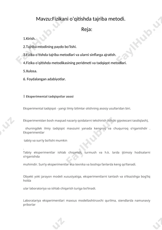 rdan, korxonalardan u yoki bu tadqiq etilayotgan masala bo’yicha materiallar to’plash ishlab chiqarish eksperimentlarining bir turi hisoblanadi. eksperimental tadqiqotlarni samarali o’tkazish uchun eksperiment metodologiyasi ishlab chiqiladi. u quyidagi asosiy bosqichlarni o’z ichiga oladi: - eksperimentni reja-programmasini ishlab chiqish; - o’lchamlarni baholash va eksperiment o’tkazshi vositalarini tanlash; - eksperimentni o’tkazish; -eksperiment natijasida olingan ma’lumotlarni ishlab chiqishi va tahlil qilishi. eksperiment reja-programmasini ishlab chiqish eksperiment reja-programmasi-ekperimental tadqiqotlarning metodologik asosi. reja-programma quyidagilarni o’z ichiga oladi: - tadqiqot mavzulari ro’yxati va ishchi gipoteza mazmuni; - eksperiment metodikasi va uni bajarish uchun zarur materiallar, priborlar, qurilmalar va h. k. lar ro’yxati; - bajaruvchilar ro’yxati va ular kalendar ish rejasi; - eksperimentni bajarish uchun xarajatlar ro’yxati. eksperiment metodikasi - metodlar, eksperimental tadqiqotlarni maqsadga muvofiq usullari majmui. umumiy tarzda u o’z ichiga oladi: - eksperiment maqsad va vazifasini; - faktorlar tanlash va ular o’zgarish darajasini; - vositalar va o’lchashlar zarur miqdorini asoslashni; - eksperiment mohiyati va tartibining …