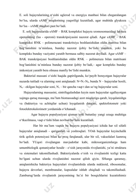 sasini, sintrifugalashdan keyin nam hujayralar egallayotgan xajmga quruq massaga, ma’lum biomassadagi azot miqdoriga qarab, loyqalanishga va (bakteriya va achitqilar uchun) loyqalanish darajasi, spektofotometr yoki fotoelektrokalorimetr yordamida o‘lchanadi. agar hujayra populyasiyasi qisman yoki butunlay yangi ozuqa muhitiga o‘tkazilmasa, vaqt o‘tishi bilan novbud bo‘lishi kuzatiladi. har bir ma’lum vaqtda bu hujayra populyasiyasi ichida har xil sifatli hujayralar aniqlanadi - qariganlari va yoshroqlari. yosh hujayralar keyinchalik tirik qolish potensiyasi bilan ko‘proq farqlanadi, ular bir xil, vakuolalari kamroq bo‘ladi. yuqori rivojlangan mavjudotlar kabi, mikroorganizmlarga ham umumbiologik qonuniyatlar hosdir - o‘sish jarayonida rivojlanishi, ya’ni struktura va sistemalari takomillashadi. bakteriyalarda o‘sish va rivojlanishi tezligi katta bo‘lgani uchun ularda rivojlanishni nazorat qilish qiyin. shunga qaramay, aniqlanishicha bakteriya hujayralari rivojlanishida ularda nukleoid, ribosomalar, hujayra devorlari, membranalar, kapsulalar ishlab chiqiladi va takomillashadi. zamburug‘larda rivojlanish jarayonining ba’zi bir bosqichlarini kuzatishimiz mumkin, masalan, bir hujayrali sporadan (konidiyalar) shakllangan ko‘p hujayrali organizmgacha. odatda achitqi kurtaklari ota-ona hujayralaridan kichik bo‘ladi, ajralgandan keyin ular …