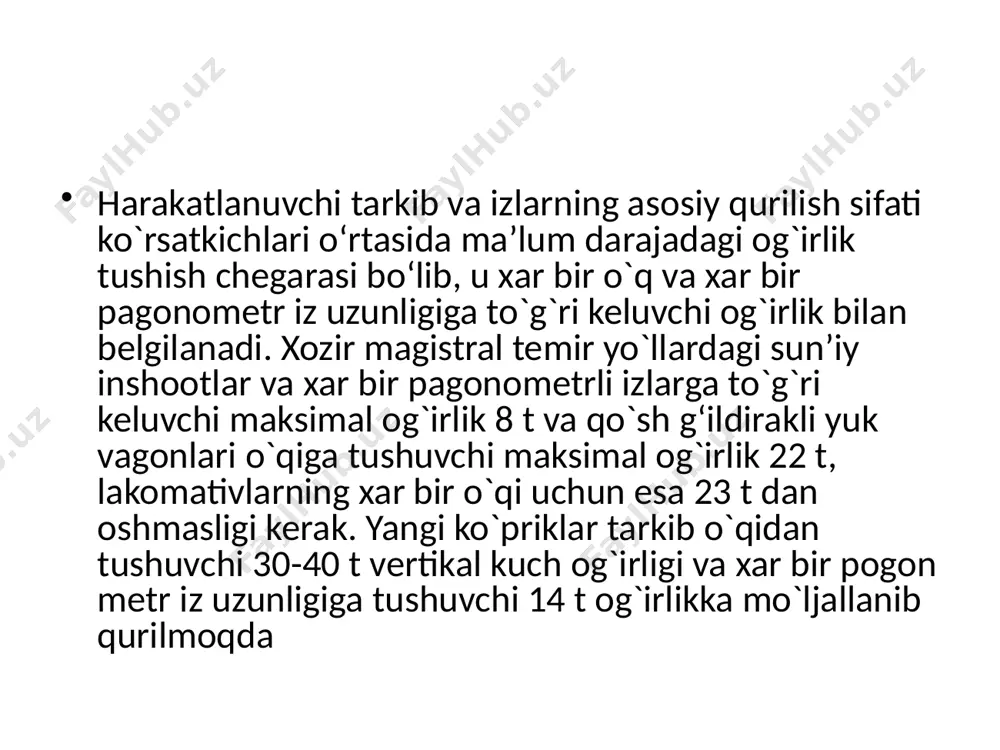 ni tashkil etib, elektrovozlarda esa-90 % atrofidadir; pravoz tortadigan og`ir vaznli poyezdlarning xisobiy ko`tarishlardagi tezliklari 10-20 km oshmagan bo`lsa, bu ko`rsatkich teplovozda 25-30 km s, elektrovozda 40-50 km s bo‘lib, harakat tezligi yuqoridir teplovoz va elektrovozlarning yuqorida ko`rsatilgan afzalliklari temir yo`llarining o`tkazuvchanlik va poyezdlarning ko`taruvchanlik qobiliyatini keskin ko`paytirish, harakatlanuvchi tarkiblar aylanishini tezlatish, transport tashish tannarxini kamaytiradi. o‘zbekistonda temir yo`l transportida qisqa masofalarga tashish tannarxi yuqori bo‘lib, unda 40356 ming tonna yuk tashildi. 32912 mln km yuk aylanishi bajarildi. bu esa 1950 yildagi magistral temir yo`l izlari uzunligiga nisbatan 1330 km ortiq bo‘lib, bajarilgan yuk aylanishi 3,2 marta, tashilgan yuk xajmi 4,5 marta ko`pdir. keyingi yillarda 1970 yil yangi qo`ng`irot - manat magistral temir yo`l izlari qurildi. yangi magistral temir yo`l izlari mamlakatimizni yevropa qismi, ozarbayjon, gruziya, armaniston respublikalari va ural bilan bog`laydigan temir yo`llarni ming km.ga qisqartiradi temir yo`l transportida fan va texnikani rivojlantirishning kelajakdagi yo‘nalishi temir yo`llarini elektrlashtirish ishlab …