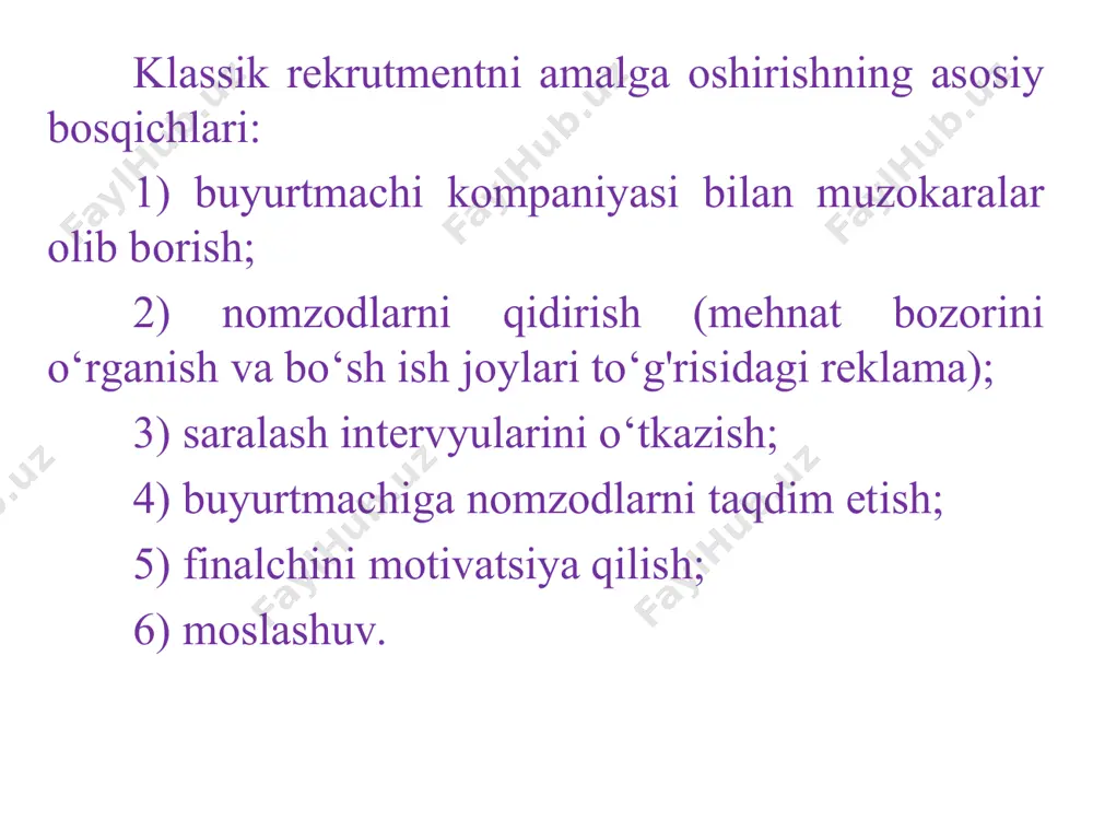 ng narxi barcha bonuslar va mukofotlarni hisobga olgan holda mutaxassisning yillik daromadining 20- 25 foizini tashkil etadi. to‘lov ikki bosqichda amalga oshiriladi: 1) bitim summasining 40% mijoz tomonidan suhbatning birinchi bosqichi va da’vogarlar taqdimoti o‘tkazilgandan so‘ng to‘lanadi; 2) bitim summasining 60 foizi - nomzod ishga chiqgandan keyin 5 ish kuni ichida. xodimni bepul almashtirish uchun kafolat muddati 6 oydan ortiqni tashkil etadi. albatta, sohadagi bozor haddan tashqari qizib ketganini hisobga olsak, "iste'dodlarni" sotib olish kompaniyaga juda qimmatga tushadi. bunday xodimlarga oldingi martaba istiqbollaridan 30-40% ko‘proq ish haqi, vakolat va javobgarlik darajasi taklif qilinishi kerak. shafqatsiz raqobat sharoitida, raqobatchining biznesini zaiflashtirish yoki uni bankrot qilish uchun ko‘plab kompaniyalar agressiv xedxanting buyuradilar – bu nafaqat "eng yaxshilarini" ("kadr brakonerligi", ingliz tilida talent poaching) maqsadli ravishda og’dirib olish yoki yollash, balki ishchilarning butun guruhlar, bo‘limlar, bo‘linmalar ("kadrlar reydlari", inglizlarning talent raiding) xodimlariniga qaratilgan. agressiv xedxanting ko‘pincha kelly services, copers kabi provayder agentliklaridan buyurtma …