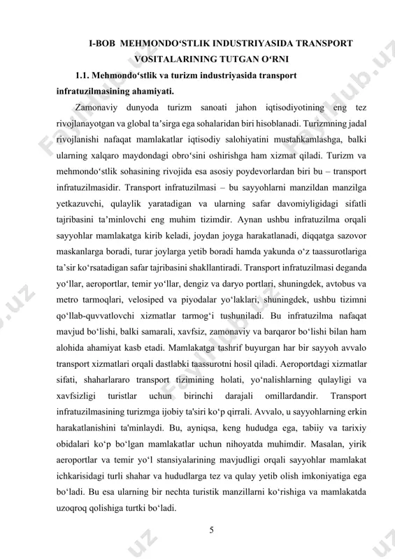 qolishiga turtki bo‘ladi. yana bir muhim jihat – transport infratuzilmasi turistik maskanlarning rivojlanishiga turtki beradi. agar biror hududga borish oson bo‘lsa, u joyda turizm rivojlanadi, yangi mehmonxonalar, restoranlar, savdo markazlari ochiladi, yangi ish o‘rinlari yaratiladi. bu esa o‘z navbatida mahalliy iqtisodiyotga sezilarli daromad olib keladi. shu tariqa transport infratuzilmasi turizm orqali butun mintaqaning iqtisodiy taraqqiyotiga xizmat qiladi. transport infratuzilmasi zamonaviy texnologiyalar bilan boyitilsa, uning samaradorligi yanada oshadi. raqamli xaritalar, mobil ilovalar orqali avtobuslar va taksilarni chaqirish, chiptalarni onlayn xarid qilish, transport vositalari harakatining aniqligi sayyohlarning qulayligi va xavfsizligi uchun muhim ahamiyat kasb etadi. bunday qulayliklar zamonaviy sayyoh uchun eng zaruriy talabdir. chunki bugungi kun turisti ko‘proq mustaqil safar qilishni afzal ko‘radi va har qanday transport vositasi oson va tushunarli bo‘lishini istaydi. mehmondoʻstlik sohasi uchun ham transport tizimi beqiyos ahamiyatga ega. mehmonxonalar, dam olish maskanlari va boshqa turizm obyektlariga qulay va xavfsiz yo‘llar orqali kirib borish imkoniyati xizmatlar sifati bilan bevosita …