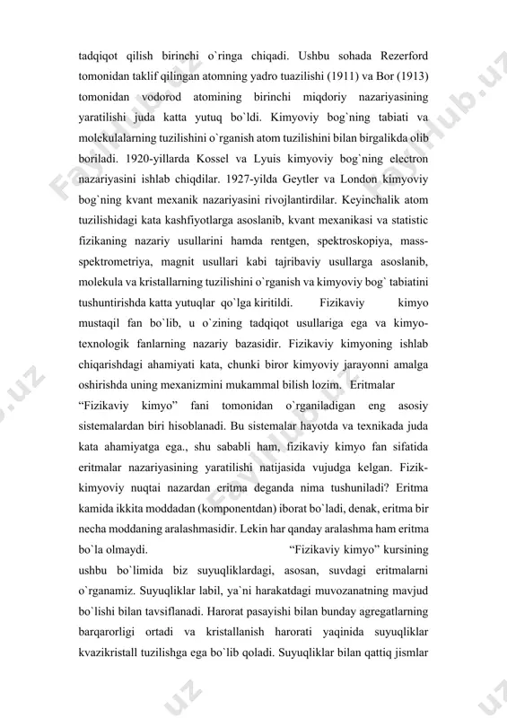 larga ham, kolloid eritmalarga ham, hatto gaz va qattiq moddalarga ham taalluqlidir. ayni vaqtda diffuziya tezligi gazlarda eng kata, qattiq moddalarda esa eng kichik tezlikda sodir bo`ladi. erish jarayoni ham diffuziya bilan davom etadi. hrorat va konsentratsiya oshganda diffuziya tezligi ortadi va muhit qovushqoqligi hamda diffuziyalanuvchi zarrachalar o`lchami oshganda diffuziya tezligi kamayadi. molekulyar massa ortishi bilan diffuziya tezligi koeffitsienti, demak, uning tezligi ham kamayadi. b) agar erituvchi bilan eritma o`rtasiga yarim o`tkazgich parda qo`ysak, bu parda orqali erituvchi zarrachalari eritmaga o`tib, uni suyultira boshlaydi. erituvchi zarrachalarining yarim o`tkazgich parda orqali o`tish jarayoni osmos deyiladi. osmos hodisasi natijasida osmotik bosim kelib chiqadi.bu bosim osmos hodisasini toxtatish uchun, ya`ni erituvchi molekulalarini pardadan o`tkazmaslik uchun eritmaga kerak bo`lgan tashqi bosimga tengdir. 1887-yilda p.pfeffeyr osmotik bosimni o`lchashga imkon beruvchi yarim o`tkazgich pardalar tayyorladi. eritmalarning osmotic bosimi juda katta qiymatga ega bo`ladi. masalan, dengiz suvining osmotic bosimi 2837 kpa ga yaqindir. p.pfeffeyr osmotik bosim konsentratsiya …