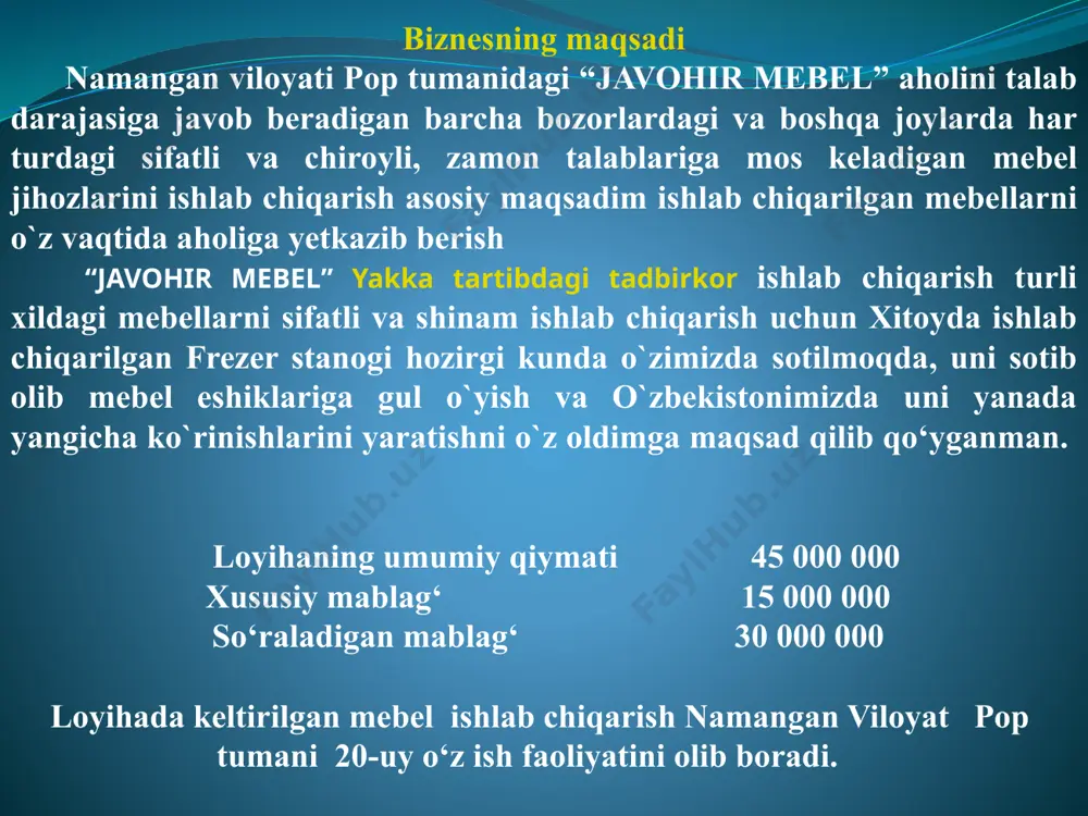 ar mutasaddi muddati nazoratchi 1 grant mablag‘ini olish boshqaruvchi ____________________ boshqaruvchi 2 bozorni o`rganish boshqaruvchi har oyning oxirgi haftasida boshqaruvchi 3 mahsulot sifatini tekshirish boshqaruvchi doimiy boshqaruvchi 4 xom-ashyo etkazib berish boshqaruvchi doimiy boshqaruvchi 5 oylik hisob-kitoblar boshqaruvchi har oy yakuni bo`yicha boshqaruvchi xulosa xulosa qilib aytganda, rejadagi amalga oshirilishi kutilgan loyiha real foydaga erishishga asoslangan bo‘lib, bu loyihani namangan viloyati pop tumanida kerakli bo‘lgan segmentlari o‘rganilgan joyga barpo etiladi. faoliyatga yanada yangicha g‘oyalarni tadbiq etishni maqsad qilib qo‘yilgan. kichik biznes va oilaviy tadbirkorlikni rivojlantirish maqsadida bu loyihani amalga oshiryapman. hamda yillik 29 031 132 so‘m foyda bilan chiqadi. bu ko‘rsatkichni keyingi yilga ikki yoki uch martagacha kengaytirish ko‘zda tutilgan. image2.wmf image3.wmf /docprops/thumbnail.wmf