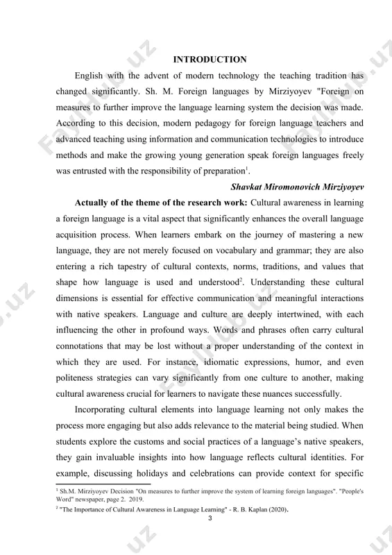 arners become more adept at interpreting messages accurately and responding appropriately, thereby reducing the likelihood of misunderstandings. educators play a pivotal role in fostering cultural awareness within language learning environments. the aim the theme: cultural awareness in learning a foreign language aims to enhance the overall language acquisition process by integrating an understanding of cultural contexts, values, and practices into language education. this theme seeks to emphasize that language is not just a tool for communication but also a reflection of the culture from which it originates. by fostering cultural awareness, learners are better equipped to appreciate the nuances of language use, navigate social interactions effectively, and engage meaningfully with native speakers. the scientific novelty course work: one of the key innovations in this field is the shift from traditional language teaching methods to more integrated approaches that emphasize cultural immersion. this involves not only understanding cultural practices but also …