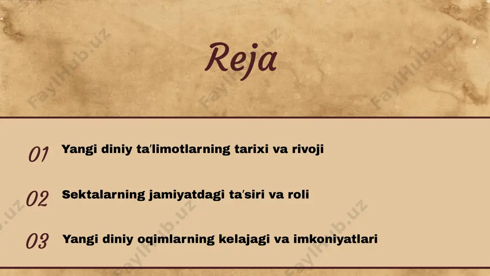 ijtimoiy rol o'ynaydi. bugungi kunda yangi taʼlimotlar yangi diniy taʼlimotlar jamiyatda muhim rol o'ynaydi. ular insonlar orasida yangi aloqalar o'rnatadi, ma'naviyatni oshiradi va ijtimoiy muammolarni hal qilishda yordam beradi. bu taʼlimotlar, shuningdek, insonlarning hayot tarzini va qadriyatlarini o'zgartirishga qodir. yangi taʼlimotlarning kelajakdagi istiqbollari yangi diniy taʼlimotlarning kelajagi rivojlanish imkoniyatlari va tahdidlar bilan to'la. rivojlanish uchun ijtimoiy qabul va qo'llab-quvvatlash muhimdir. ammo, ba'zi tahdidlar, masalan, ekstremizm va radikalizm, bu taʼlimotlarga salbiy ta'sir ko'rsatishi mumkin. rivojlanish imkoniyatlari va tahdidlar sektalarning jamiyatdagi taʼsiri sektalar jamiyatda yangi ijtimoiy tuzilmalarni yuzaga keltirishi mumkin. ular anʼanaviy qadriyatlarni o'zgartirib, yangi fikr va g'oyalarni singdiradi. bunday o'zgarishlar jamiyatda ijtimoiy tartib va muvozanatni buzishi mumkin. sektalar oilaviy va do'stlik aloqalarini kuchaytirishi yoki zaiflashtirishi mumkin. ular odamlarni bir-biriga yaqinlashtirishi yoki o'zaro nizolarni keltirib chiqarishi mumkin, bu esa ijtimoiy munosabatlarga salbiy taʼsir ko'rsatishi mumkin. sektalar iqtisodiy faoliyatga taʼsir ko'rsatadi, yangi resurslarni to'plashi va taqsimotini o'zgartirishi mumkin. iqtisodiy resurslar sektalar orqali boshqarilishi, …