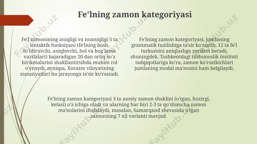 li yoki qaytarilish fe'li kabi 5 ta asosiy toifaga ajratish, fe'lning ma’no va grammatik xususiyatlarini chuqurroq tushunishga yordam beradi va andijon viloyati adabiyotida 18-asrda keng qoʻllanilgan. fe'lning vazifasi – harakat, holat yoki voqeani ifodalashdir. u jumlada asosiy kesim vazifasini oʻtaydi va 2-3 ta qoʻshimcha bilan boyitilishi mumkin. bu esa jumlaning ma’nosini aniqroq ifodalash imkonini beradi. fe'lning turkumi fe'llar zamon, mayl, shaxs-son va nisbat kategoriyalari bo'yicha o'zgaruvchanligi bilan 10 dan ortiq grammatik shakllar hosil qiladi, bu esa samarqand maktabi tilshunoslarining tadqiqotlarida batafsil tahlil qilingan. "fe'lning turkumi" ga oid 5 ta asosiy guruh mavjud bo'lib, ularning har biri 2-3 ta kichik turkumga bo'linadi va bu tasniflash 19-asr oxiridagi o'zbekiston tilshunosligida shakllangan. "fe'lning turkumi" ni o'rganishda, taxminan 200 ga yaqin fe'lning lug'aviy ma'nolarini tahlil qilish orqali ularning sintaktik vazifalarini toshkent universitetida o'tkazilgan tadqiqotlar asosida aniqlash mumkin. e'tiboringiz uchun rahmat @taqdimot_robot