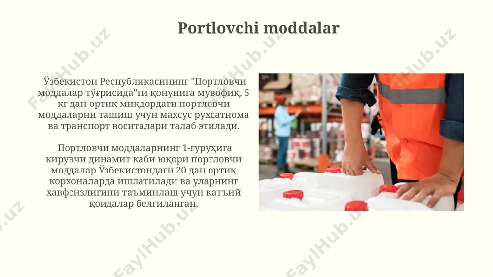 zganlik uchun 500 000 so'm miqdorida jarima belgilangan. toksik moddalar 2022-yilgi ma’lumotlarga ko‘ra, toshkent shahridagi kimyo zavodlarida 2-sinf toksik moddalar, masalan, surma birikmalari kabi, ishlab chiqarishda ishlatilib, ularning atrof-muhitga ta’siri 5 dan ortiq parametrlar bo‘yicha nazorat qilinadi. xavfli moddalarni tasniflash tizimida 3-sinf toksik moddalar, masalan, ba’zi organik erituvchilar, andijon viloyatidagi ishlab chiqarish korxonalarida qo‘llanilib, ularning xavfsizligiga oid 10 dan ortiq texnika xavfsizlik choralari qo‘llaniladi. xavfli yuklarni tashish xavfli yuklarni, jumladan, 8-sinfdagi aşındırıcı moddalarni, andijon viloyatidan qatnovda xalqaro standartlarga muvofiq maxsus belgilar va yorliqlar bilan belgilash zarur. 2023-yilda o'zbekiston hududida xavfli yuklar tashish bo'yicha 1500 dan ortiq voqea ro'y bergan bo'lib, ularning 70%i noto'g'ri yuklash va tashish qoidalariga rioya qilinmaganligi sababli yuz bergan. infeksiy materiallar yuqumli materiallarni tashishda jahon sog'liqni saqlash tashkiloti (jsst)ning 9- sinfiga oid xalqaro standartlarga rioya qilish, xususan, 3- darajali biologik xavfsizlik sharoitlarini ta'minlash muhim ahamiyatga ega. o'zbekistonning toshkent shahridagi maxsus laboratoriyalarda yuqumli materiallarni qayta ishlash va yo'q …