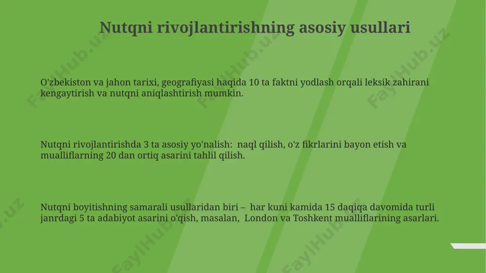 tkazilgan tadqiqotlar shuni ko'rsatdiki, lug'at boyligi 2 oy ichida sezilarli darajada oshadi. adabiyotlarni, jumladan, 19-asr rus klassikasini va 21-asr zamonaviy ingliz adabiyotini o'qish orqali lug'at boyligini kengaytirish mumkin, bu esa fikrlarni aniq va boy ifodalashga yordam beradi. lug'at boyligini oshirishda 5000 dan ortiq so'zga ega bo'lgan lug'atlarni muntazam o'qish va yangi so'zlarni kundalik hayotga qo'llash samarqanddagi til markazlari tajribasiga ko'ra samarali. nutqning ifodasi va ta’sirchanligini oshirish nutqning ifodasi va ta’sirchanligini oshirishda intonatsiya, pauza va ohangning 10 ta asosiy elementlarini o'zlashtirish muhim, bu xalqaro standartlarga mos keladi. nutqning ifodasi 30% ga tez-tez takrorlanadigan so'zlarni sinchkov tahlil qilish va sinonimlarni qo'llash orqali boyitiladi, masalan, toshkent shahridagi nutq terapiyasi markazlarining tajribasiga ko'ra. samarqanddagi 5 ta turli auditoriya oldida nutq so'zlash orqali ta’sirchanlikni oshirish mumkin, bu kommunikativ ko'nikmalarni rivojlantirishga 20% hissa qo'shadi. nutqning aniqligi va ravshanligini ta’minlash nutqning aniqligi va ravshanligi grammatik qoidalarga, jumladan, fe’l va otlarning to’g’ri qo’llanishiga, masalan, farg’onada o’tkazilgan 10 tadan …