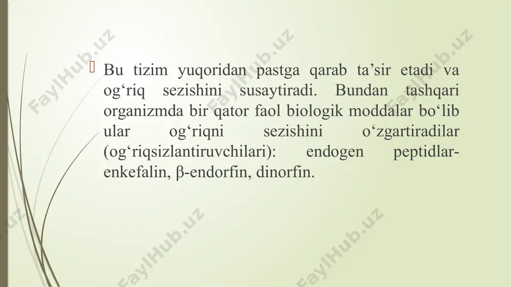 og‘liq bo‘lsa kerak. morfin bilan o‘tkir zaharlanish: koma, lekin tizza reflekslari saqlangan bo‘ladi, tana harorati, nafas olish kam, yuzaki bo‘ladi. og‘ir hollarda cheynstoks davriy nafasi kuzatiladi. yurak etishmovchiligi va o‘pka shishi o‘limga sabab bo‘ladi. o‘lim 6 soat ichida ro‘y beradi. agar bemor 12 soat ichida o‘lmasa, u tirik qoladi, chunki morfin organizmda tez parchalanadi. yordam: oshqozon permanganat kaliy eritmasi bilan yuviladi, (morfinni oqsillaydi). kislorod ingalyasiyasi, korazol, kerak hollarda suniy nafas oldiriladi. nalorfin-morfinning antogonisti kiritiladi. morfin bilan surunkali zaharlanish - morfinizm deb ataladi. davolash og‘ir masala bo‘lib, ruhiy xastaliklar shifoxonasida o‘tkaziladi. omnopon - qora dori tarkibidagi hamma alkoloidlaridan iborat preparat. 50%-ni morfin tashkil etadi, tarkibida papaverin (spazmolitik vosita) bor. bu preparatga ham humorlik, o‘rganish, tobelik rivojlanadi. kodein - opiy alkoloidi (0,5%). kayf chaqirmaydi, o‘rganish rivojlanmaydi, og‘riqsizlantirish qobiliyati morfinnikidan 7 marta sust. nafas markaziga salbiy ta’siri etmaydi, mit ga ta’siri yo‘q, yo‘tal markazini susaytiradi, lekin morfindan sustroq. etil morfin (dionin) - yarim …