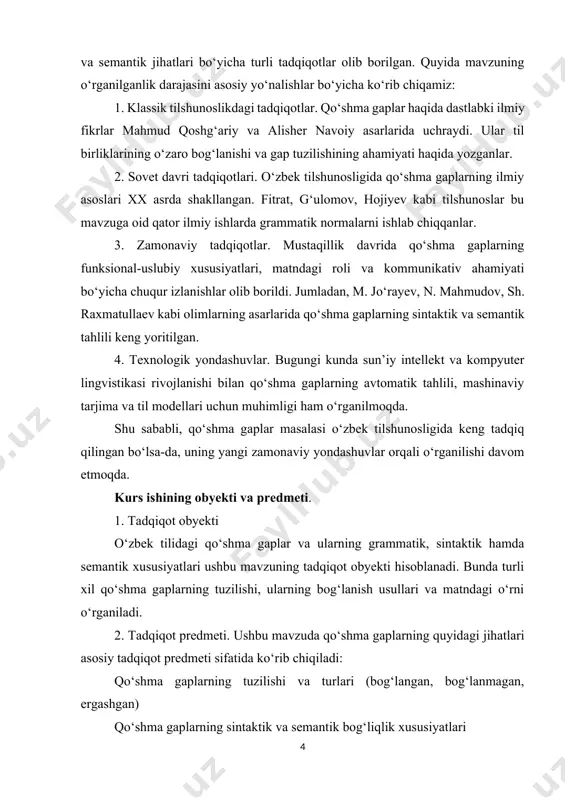 ing tarkibiy tuzilishi. kurs ishining tuzilishiga kо‘ra kirish, ikki asosiy bob, xulosa, foydalanilgan adabiyotlar rо‘yxatidan iborat. i bob. o’zbek tilshunosligida qo’shmagaplar. 1.1. qoʻshma gap tushunchasi va ergashgan qo’shma gaplar. o‘zbek tilshunosligida qo‘shma gap deganda ikki yoki undan ortiq mustaqil ma’noga ega bo‘lgan sodda gaplarning ma’lum grammatik usullar yordamida birikishidan hosil bo‘lgan murakkab gap birliklari tushuniladi. qo‘shma gap tarkibiy jihatdan alohida gaplardan iborat bo‘lsa-da, ularning ma’nosi yaxlit bo‘lib, butun gapning mazmuni shu tarkibiy qismlarning o‘zaro bog‘lanishiga qarab shakllanadi. sodda gaplar ma’lum bir fikrni ifodalash uchun yetarli bo‘lsa-da, murakkab fikrlarni ifodalash uchun ko‘pincha qo‘shma gaplardan foydalanish zarur bo‘ladi. qo‘shma gaplar nutqni yanada ravon, mantiqiy bog‘langan va ta’sirchan qilishga yordam beradi. aynan shu sababli, ular adabiy tilda, ilmiy nutqda hamda og‘zaki muloqotda keng qo‘llaniladi. qo‘shma gaplar tarkibiy tuzilishi va bog‘lanish usullariga ko‘ra bir necha turlarga bo‘linadi. umuman olganda, ular uch asosiy guruhga ajratiladi: bog‘langan qo‘shma gaplar, bog‘lanmagan qo‘shma gaplar va ergash gapli qo‘shma …