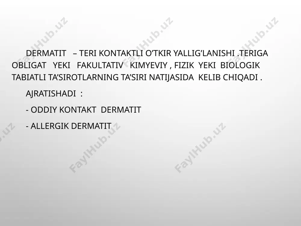 sabablar : dori –vositalar оziq ovqat oziq ovqat konservantlari мetallik protezlar kontraceptivlar кlinik kurinish тarqoq toksidermiya dog urtika papula papulovezikulez toshmalar qichishish eritrodermiya ogiz shilliq qavatida –eritematoz -shishli, gemorragik va bullez –eroziv elementlar кlinik kurunish fixaciyalangan toxidermiya : shishgan giperemiyalashgan dumaloq yeki ovalsimon doglar ,markazida pufak bulishi mumkin тоxidermiyaning ogir turalri layellning epidermal toxik nekrolizi тoxidermiyani davolash fixaciyalangan toxidermiya : sababini yuq qilish mahalliy yalliglanishga qarshi vositalar antiseptik vositalar тarqalgan tohidermiya siydik haydidigan vositalar antigistamin vositalar кortikosteroid gormonlar plazmafarez gemosorbciya mahalliy suyukli chayqatma kortikosteroid malhamlar layell sindromi ogir toxikoallergik kasallik . bemorni hayetini havf ostiga quyadi bu kasallikda epidermisni kuchishi, nekrozi kuzatiladi terida , shilliq qavatlarida pufak va eroziyalar paydo buladi ekzema surunkali kechuvchi qaytalanuvchi teri allergik kasalligi. bu kasallikda polivalent sensibilizaciya ,polimorf qichishish bilan kechadigan toshmalar kuzatiladi. etiologiya va patogenez polivalent sensibilizaciya exogen faktorlar (kimyeviy,dori vositalar , oziq ovqat , bakterial allergen ) endogen faktorlar (antigen determinatlar ,almashuvning produktalari …